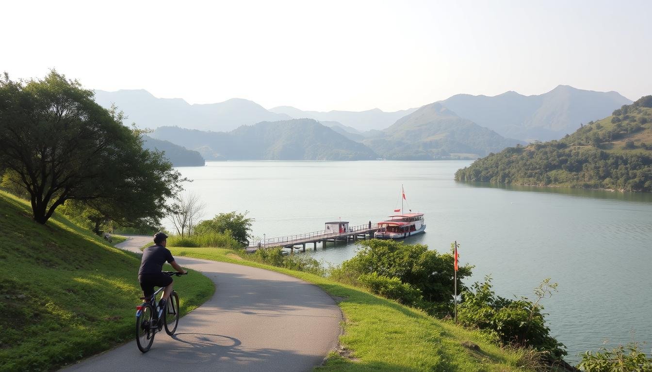 A tranquil scene of Tai Po's Plover Cove Reservoir, known as Tai Po Kau or Tai Po Kau Nature Reserve. In the foreground, a lone cyclist rides along a winding path, surrounded by lush greenery and the serene waters of the lake. The middle ground features a small boat house or pier, inviting visitors to explore the lake by boat. In the background, rolling hills and mountains create a picturesque landscape, bathed in the soft, warm light of a weekend afternoon. The atmosphere is one of peaceful solitude, encouraging a slower pace and deeper connection with the natural environment.