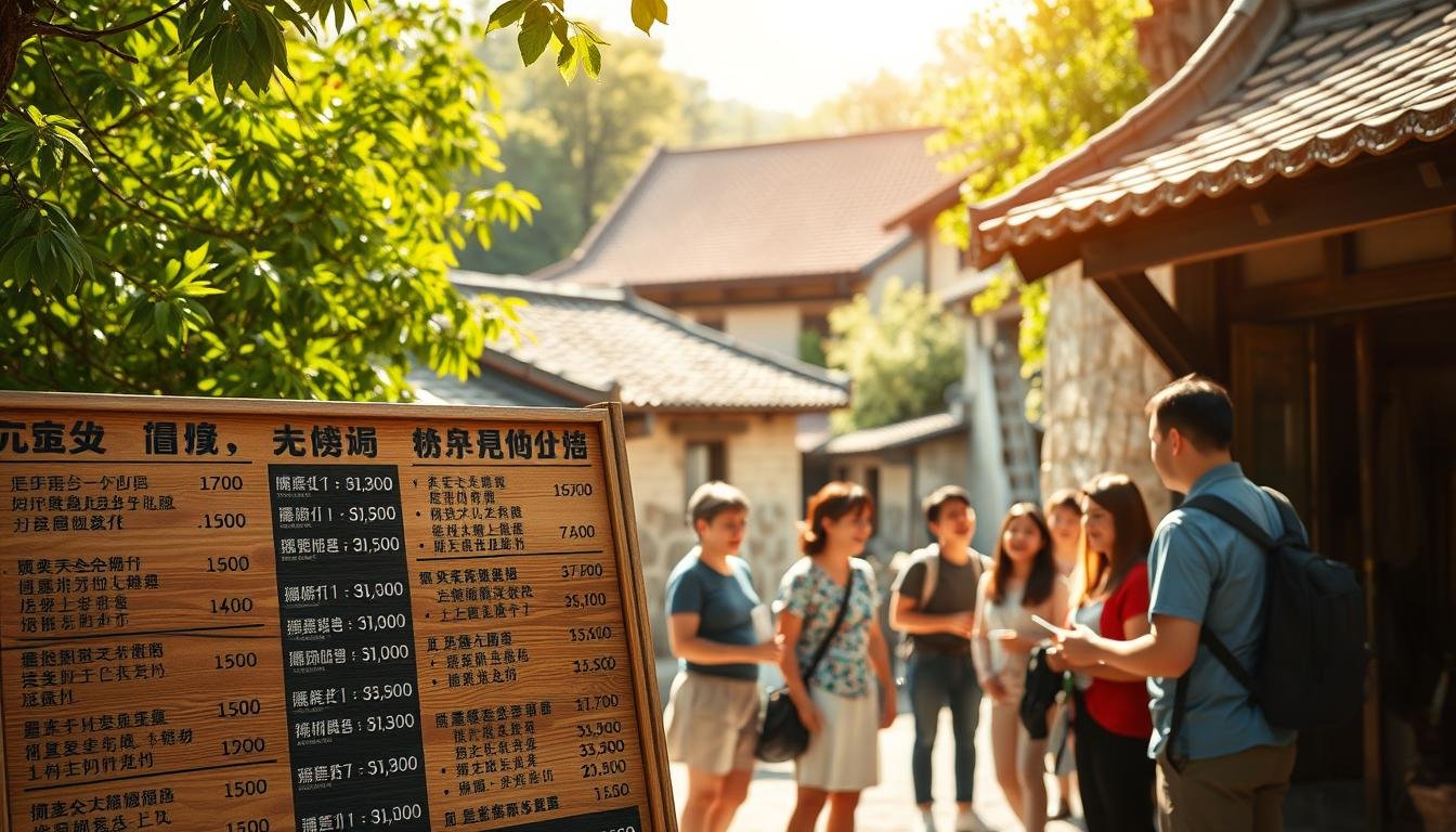 A tranquil scene set in an ancient village, showcasing a display of various tour package options. In the foreground, a wooden sign board presents a range of pricing and itinerary details, meticulously crafted with traditional calligraphy. The middle ground features a group of visitors, their faces beaming with excitement, as they carefully examine the offerings. In the background, the iconic tiled roofs and weathered walls of the historic buildings create a timeless ambiance, bathed in warm, golden sunlight filtering through the lush foliage. The overall composition conveys a sense of discovery, heritage, and the allure of exploring Hong Kong's rich cultural legacy.