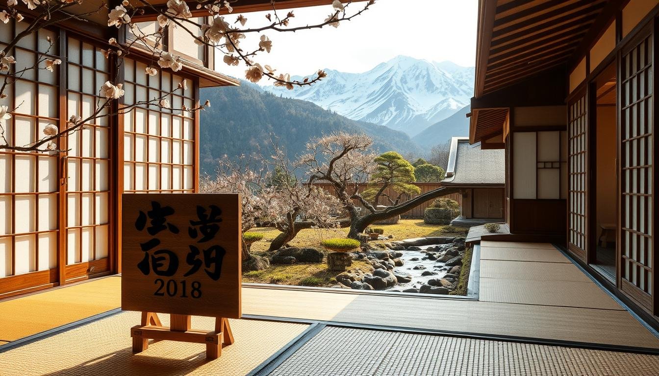 A tranquil, traditional Japanese ryokan nestled amidst a breathtaking landscape. Elegant tatami mats and shoji screens invite guests to a serene, immersive experience. Soft, natural lighting filters through the windows, casting a warm glow on the intricate wood furnishings. A symbolic, minimalist design aesthetic permeates the space, evoking the essence of Japanese hospitality. In the foreground, a beautifully crafted wooden sign displays the date in elegant calligraphy, framed by delicate cherry blossoms. The middle ground showcases a serene garden with a trickling stream and meticulously pruned bonsai trees. In the background, snow-capped mountains rise majestically, creating a harmonious blend of nature and refined craftsmanship. A tranquil, traditional Japanese ryokan nestled amidst a breathtaking landscape. Elegant tatami mats and shoji screens invite guests to a serene, immersive experience. Soft, natural lighting filters through the windows, casting a warm glow on the intricate wood furnishings. A symbolic, minimalist design aesthetic permeates the space, evoking the essence of Japanese hospitality. In the foreground, a beautifully crafted wooden sign displays the date in elegant calligraphy, framed by delicate cherry blossoms. The middle ground showcases a serene garden with a trickling stream and meticulously pruned bonsai trees. In the background, snow-capped mountains rise majestically, creating a harmonious blend of nature and refined craftsmanship.