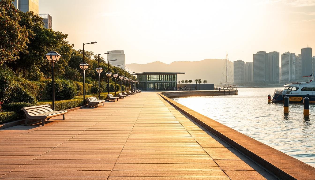 A tranquil waterfront promenade in Kwun Tong, Hong Kong, bathed in warm, golden afternoon light. The wide, well-maintained walkway stretches along the glistening harbor, flanked by lush greenery and modern architectural elements. Curved benches and decorative lighting fixtures dot the scene, inviting visitors to pause and take in the serene views. In the distance, a sleek, minimalist pavilion stands as a focal point, its clean lines and large windows offering a glimpse into the dynamic design ethos of the promenade. The overall atmosphere is one of understated elegance, where the built environment seamlessly integrates with the natural surroundings to create a harmonious and inviting public space.