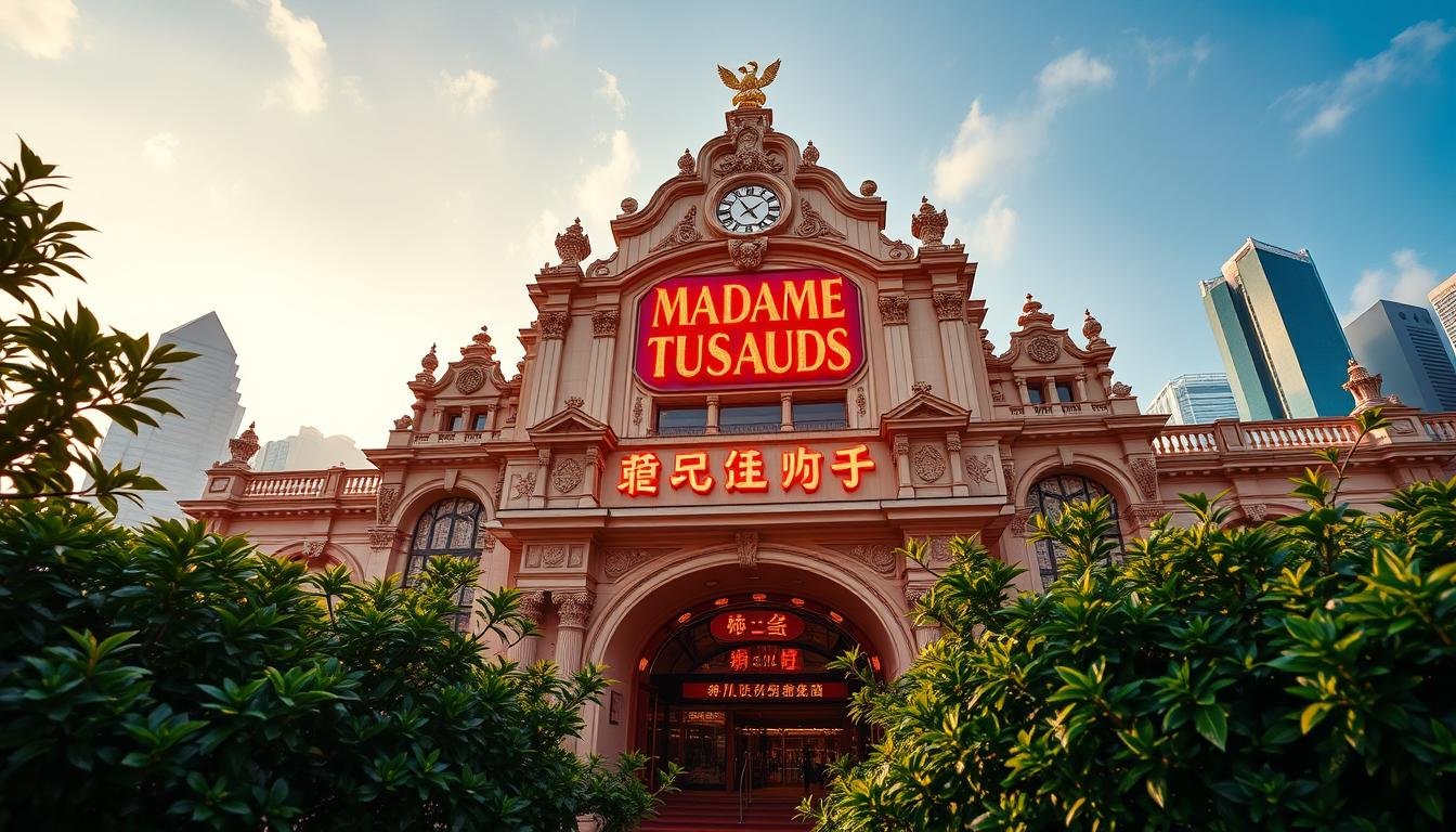 A vast, ornate wax museum in Hong Kong, the Madame Tussauds Hong Kong, stands majestically against a backdrop of the iconic city skyline. The museum's facade exudes an air of grandeur, with intricate architectural details and a striking neon-lit sign beckoning visitors to explore the lifelike wax figures within. The scene is bathed in a warm, golden light, casting a dreamlike glow over the entire composition. In the foreground, the museum's entrance is framed by lush foliage, creating a sense of depth and inviting the viewer to step inside and discover the world-famous likenesses of celebrities, historical figures, and cultural icons. The overall atmosphere evokes a vibrant, cosmopolitan atmosphere, hinting at the diverse range of experiences awaiting those who venture into this unique Hong Kong attraction.