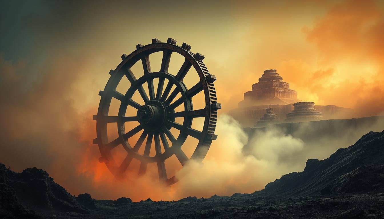 A vast, otherworldly landscape of a hellish iron wheel, surrounded by billowing steam and an eerie, fiery glow. The wheel, a towering structure of ancient, rusted metal, dominates the scene, its massive spokes and cogs casting deep, dramatic shadows. The air is thick with a hazy, sulfurous mist, creating an atmosphere of intense heat and otherworldly energy. In the distance, a series of tiered, rocky formations rise up, their surfaces scorched and cracked, adding to the sense of a primordial, untamed environment. The lighting is harsh and dramatic, with deep shadows and fiery highlights that accentuate the textures and forms of the iron wheel and its surroundings. The overall impression is one of a stark, awe-inspiring, and truly unique geothermal wonder.