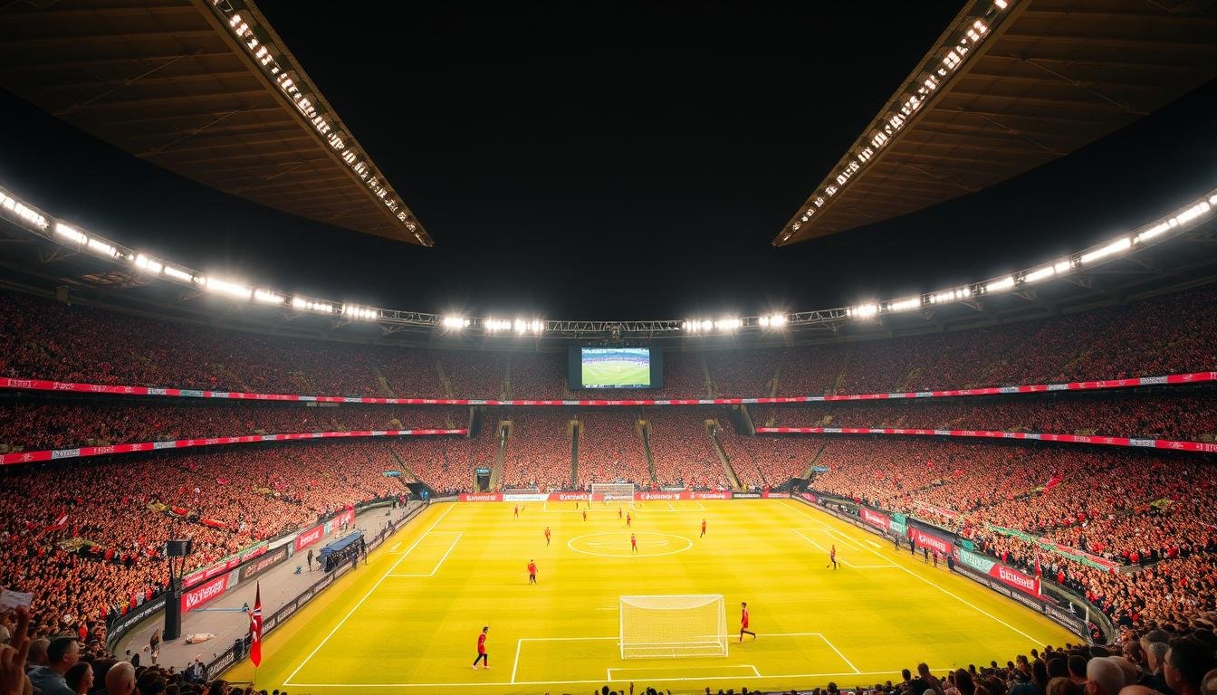 A vast stadium filled with fervent fans, the pitch alive with the graceful movements of world-class footballers as Manchester United takes the field for a thrilling exhibition match in Hong Kong. The floodlights cast a warm, golden glow, illuminating the vibrant green turf and the athletes' every step. In the stands, supporters erupt in thunderous cheers, waving flags and banners in a captivating display of global football passion. The air crackles with anticipation as the match unfolds, showcasing the skill and athleticism that have made this fixture a cherished part of Hong Kong's sporting heritage.