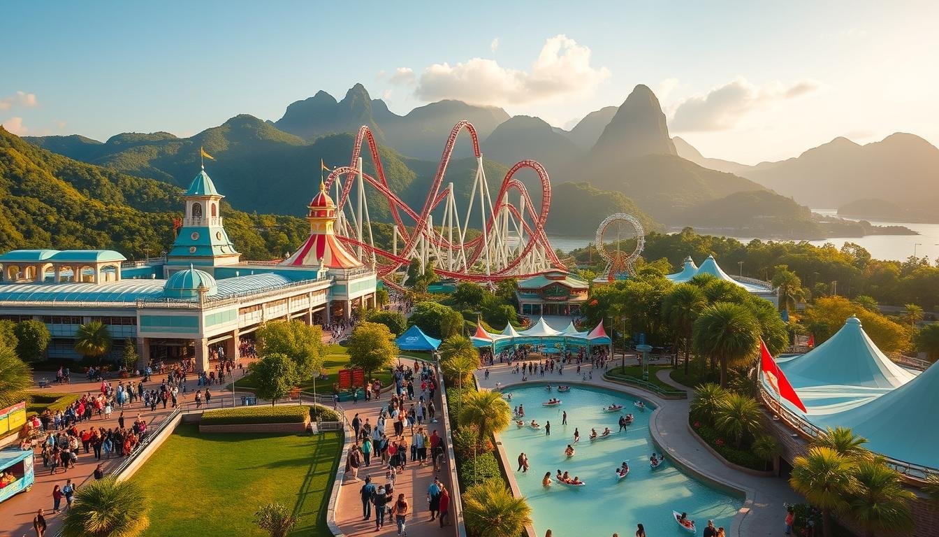 A vibrant aerial view of Hong Kong Ocean Park, showcasing its iconic landmarks and thrilling rides. In the foreground, guests navigate the bustling pathways, anticipation etched on their faces as they approach the park's main attractions. The middle ground features the park's signature roller coasters, their twisting tracks cutting through the landscape. In the background, the lush greenery and towering mountains create a picturesque backdrop, complementing the park's modern architecture. The scene is bathed in warm, golden sunlight, conveying a sense of excitement and adventure. The overall composition captures the essence of Hong Kong Ocean Park's must-visit experiences and strategic insights for visitors.