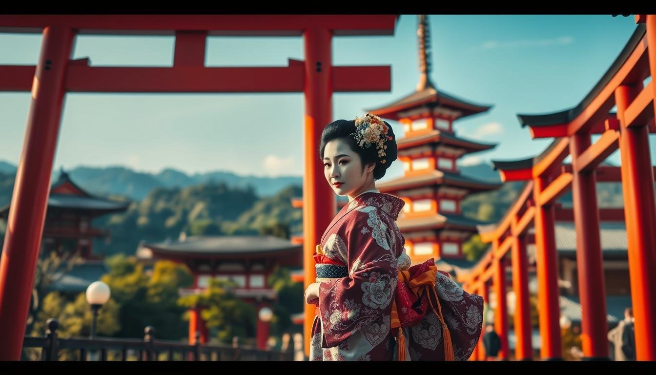 A vibrant and atmospheric scene capturing the quintessential charm of Kyoto. In the foreground, a traditional Geisha in full ceremonial kimono stands gracefully amidst the iconic red torii gates of Fushimi Inari-taisha, the renowned Shinto shrine. The middle ground features the majestic pagodas and temples of Kiyomizudera, their wooden structures bathed in warm, golden light. In the background, the lush, verdant hills and gardens of Higashiyama district create a serene, picturesque backdrop. The image is framed with a shallow depth of field, drawing the viewer's eye to the Geisha and the architectural details. The overall mood is one of timeless elegance, with a harmonious blend of Kyoto's historic and contemporary elements.
