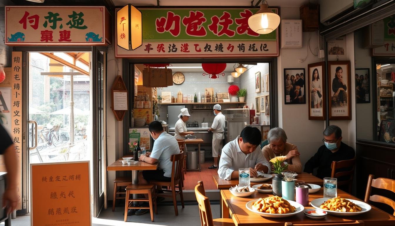 A vibrant and authentic local eatery nestled in the heart of Lamma Island. The storefront is adorned with colorful signage and traditional decor, inviting passersby to step inside and savor the flavors of the island. Through the open doorway, we glimpse the bustling kitchen, where skilled chefs prepare an array of tantalizing Cantonese specialties. In the cozy dining area, patrons sit at wooden tables and enjoy the warm, convivial atmosphere, savoring the aromas of freshly steamed seafood, sizzling stir-fries, and delicate desserts. The walls are lined with family photographs and local artwork, adding to the sense of authenticity and community. Soft natural light filters in through large windows, casting a golden glow over the scene and highlighting the vibrant hues of the dishes. This is a true taste of Lamma's local food culture, a place where tradition and modernity seamlessly intertwine.