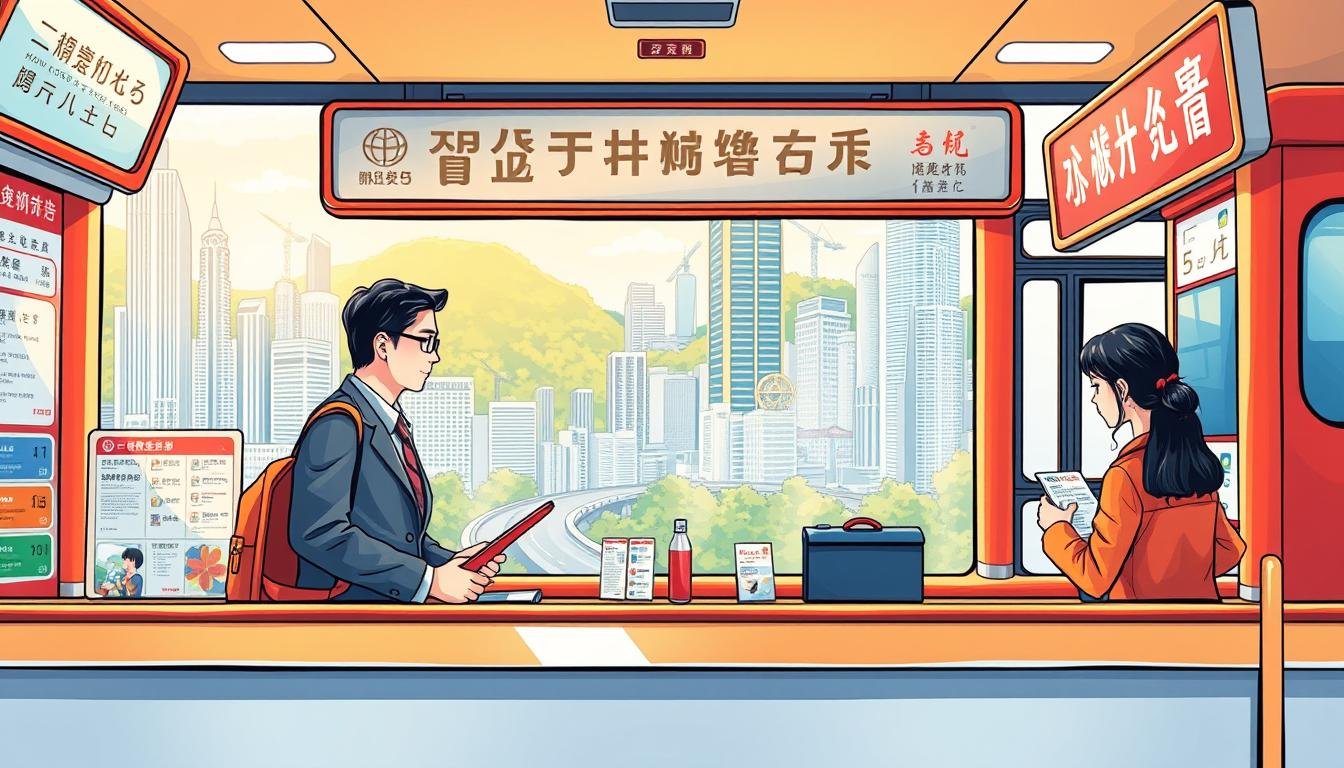 A vibrant and detailed illustration of a Hong Kong double-decker bus ticket exchange counter. In the foreground, a well-dressed traveler is speaking with a friendly staff member, as they discuss various ticket options and exchange services. The counter is adorned with clear signage and informative brochures, creating a welcoming and efficient atmosphere. The middle ground showcases the iconic Hong Kong cityscape, with towering skyscrapers and lush greenery visible through the large windows. Soft, warm lighting illuminates the scene, creating a sense of comfort and professionalism. The overall composition conveys the efficient and customer-focused nature of the ticket exchange process, perfectly encapsulating the "票種兌換" experience. A vibrant and detailed illustration of a Hong Kong double-decker bus ticket exchange counter. In the foreground, a well-dressed traveler is speaking with a friendly staff member, as they discuss various ticket options and exchange services. The counter is adorned with clear signage and informative brochures, creating a welcoming and efficient atmosphere. The middle ground showcases the iconic Hong Kong cityscape, with towering skyscrapers and lush greenery visible through the large windows. Soft, warm lighting illuminates the scene, creating a sense of comfort and professionalism. The overall composition conveys the efficient and customer-focused nature of the ticket exchange process, perfectly encapsulating the "票種兌換" experience.