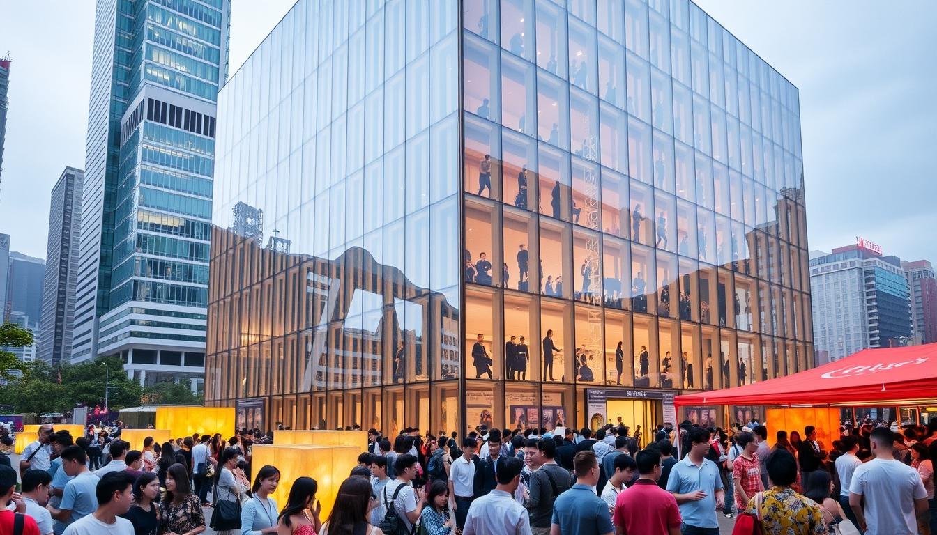 A vibrant and dynamic scene of the Jockey Club Cube, a modern architectural landmark in Hong Kong. The cubic structure stands tall, its sleek glass facades reflecting the surrounding urban landscape. In the foreground, a lively crowd gathers, engaged in various activities - from outdoor performances and art installations to interactive workshops and community events. The lighting is warm and inviting, creating a welcoming atmosphere. The composition captures the energy and public engagement that defines the cultural life within this iconic venue, showcasing the depth and richness of Taiwan's artistic heritage. A vibrant and dynamic scene of the Jockey Club Cube, a modern architectural landmark in Hong Kong. The cubic structure stands tall, its sleek glass facades reflecting the surrounding urban landscape. In the foreground, a lively crowd gathers, engaged in various activities - from outdoor performances and art installations to interactive workshops and community events. The lighting is warm and inviting, creating a welcoming atmosphere. The composition captures the energy and public engagement that defines the cultural life within this iconic venue, showcasing the depth and richness of Taiwan's artistic heritage.