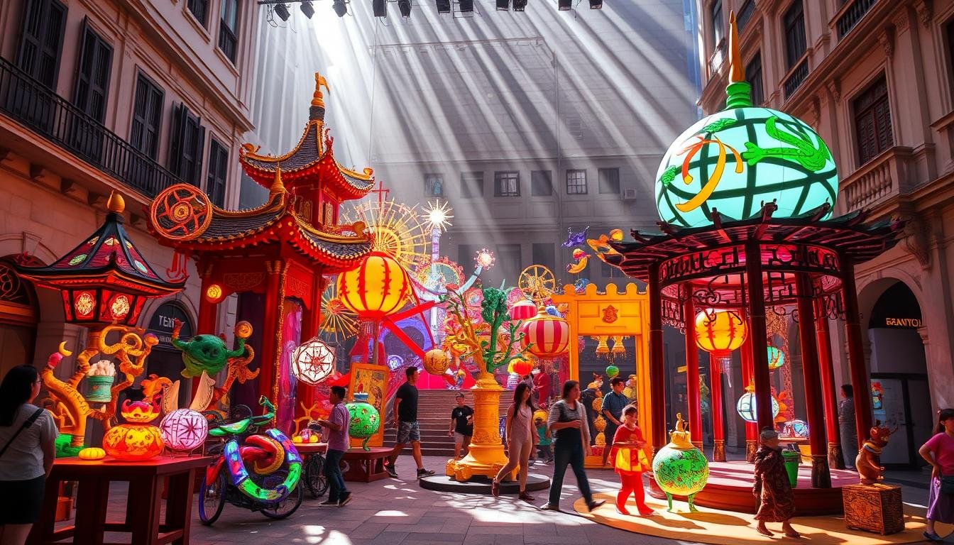 A vibrant and interactive art installation situated in the historic Central district of Hong Kong. The scene depicts an array of colorful, kinetic sculptures and projection-mapped structures that come alive, engaging visitors in a captivating fusion of tradition and modernity. Diffused natural light filters through the surrounding colonial architecture, casting warm shadows and highlights that accentuate the dynamic, tactile nature of the exhibits. The overall atmosphere evokes a sense of cultural revitalization, where the past and present converge to offer a multisensory experience that celebrates the city's rich heritage and artistic spirit.