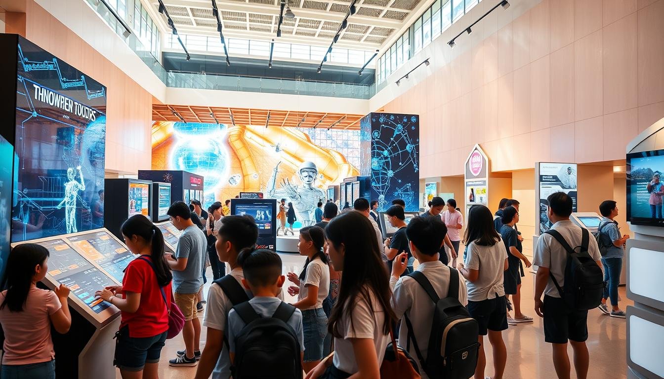 A vibrant and interactive display showcasing the must-see permanent exhibits at the Hong Kong Science Museum. In the foreground, a group of curious visitors interacts with a variety of hands-on, educational installations, their expressions of wonder and fascination. The middle ground features a diverse array of high-tech, innovative exhibits, ranging from holographic displays to immersive simulations, all inviting exploration. The background depicts the museum's airy, modern architecture, bathed in warm, natural lighting that imbues the scene with an atmosphere of discovery and learning. Crisp, detailed, and photorealistic, this image captures the dynamism and educational richness of the Hong Kong Science Museum's permanent collection. A vibrant and interactive display showcasing the must-see permanent exhibits at the Hong Kong Science Museum. In the foreground, a group of curious visitors interacts with a variety of hands-on, educational installations, their expressions of wonder and fascination. The middle ground features a diverse array of high-tech, innovative exhibits, ranging from holographic displays to immersive simulations, all inviting exploration. The background depicts the museum's airy, modern architecture, bathed in warm, natural lighting that imbues the scene with an atmosphere of discovery and learning. Crisp, detailed, and photorealistic, this image captures the dynamism and educational richness of the Hong Kong Science Museum's permanent collection.