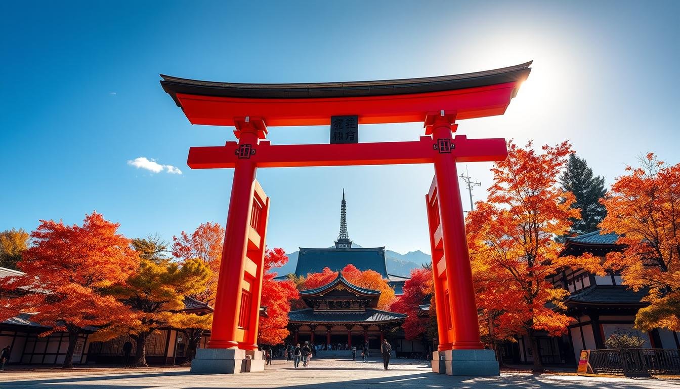 A vibrant autumn landscape at Toshogu Shrine in Nikko, Japan. In the foreground, the distinctive architectural features of the Yomeimon Gate stand tall, its intricately carved wooden panels and vermilion pillars bathed in warm, golden sunlight. The middle ground is ablaze with the fiery hues of maple trees, their leaves rustling in a gentle breeze. In the background, the magnificent Tōshō-gū Shrine complex rises against a cloudless azure sky, its pagodas and ornate roofs silhouetted majestically. The scene conveys a serene, contemplative atmosphere, inviting the viewer to immerse themselves in the beauty and history of this UNESCO World Heritage site. A vibrant autumn landscape at Toshogu Shrine in Nikko, Japan. In the foreground, the distinctive architectural features of the Yomeimon Gate stand tall, its intricately carved wooden panels and vermilion pillars bathed in warm, golden sunlight. The middle ground is ablaze with the fiery hues of maple trees, their leaves rustling in a gentle breeze. In the background, the magnificent Tōshō-gū Shrine complex rises against a cloudless azure sky, its pagodas and ornate roofs silhouetted majestically. The scene conveys a serene, contemplative atmosphere, inviting the viewer to immerse themselves in the beauty and history of this UNESCO World Heritage site.