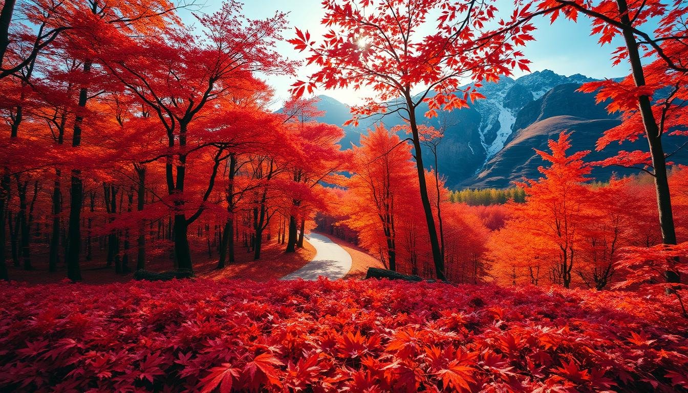 A vibrant autumn landscape in Hokkaido, Japan. In the foreground, a lush carpet of scarlet maple leaves covers the forest floor, creating a striking contrast against the rich, earthy tones. The middle ground features a winding path leading through a grove of crimson-hued maple trees, their branches reaching skyward in a graceful dance. In the background, rugged mountains rise up, their peaks dusted with a hint of snow, framing the scene with a sense of tranquil grandeur. The warm, golden light filters through the leaves, casting a warm, ethereal glow over the entire tableau. Captured with a wide-angle lens to accentuate the depth and scale of the natural wonder before us, this image evokes the essence of autumn's vibrant splendor in Hokkaido. A vibrant autumn landscape in Hokkaido, Japan. In the foreground, a lush carpet of scarlet maple leaves covers the forest floor, creating a striking contrast against the rich, earthy tones. The middle ground features a winding path leading through a grove of crimson-hued maple trees, their branches reaching skyward in a graceful dance. In the background, rugged mountains rise up, their peaks dusted with a hint of snow, framing the scene with a sense of tranquil grandeur. The warm, golden light filters through the leaves, casting a warm, ethereal glow over the entire tableau. Captured with a wide-angle lens to accentuate the depth and scale of the natural wonder before us, this image evokes the essence of autumn's vibrant splendor in Hokkaido.