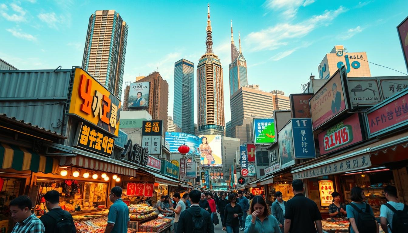 A vibrant, bustling shopping street in Seoul, South Korea, captured in a cinematic wide-angle shot. The foreground features a group of shoppers browsing outdoor stalls, examining colorful merchandise and haggling with vendors. The middle ground showcases a mix of traditional and modern storefronts, their facades adorned with neon signs and eye-catching displays. In the background, towering skyscrapers and billboards create a dynamic urban skyline, bathed in warm, golden-hour lighting. The scene radiates an energetic, immersive atmosphere, inviting the viewer to experience the excitement of Korean shopping culture.