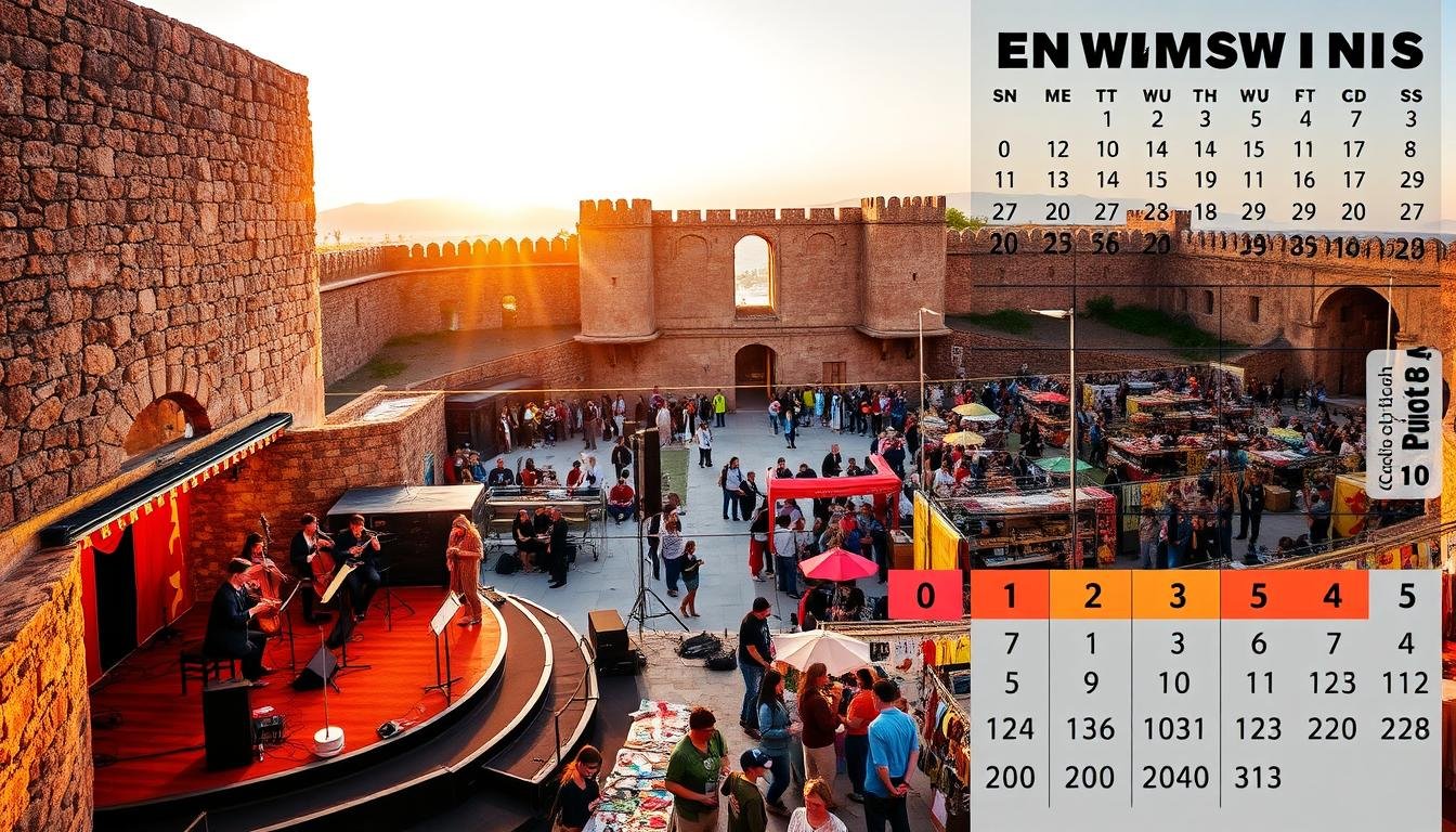 A vibrant calendar showcasing a tapestry of cultural events, set against the backdrop of a historic fortress. In the foreground, a concert stage within the ancient stone walls, musicians performing classical melodies that echo through the halls. In the middle ground, a bustling community art fair, local artisans displaying their handcrafted wares. The background is a panoramic view of the fort's imposing architecture, lit by warm, golden sunlight filtering through the windows. The overall scene conveys a harmonious blend of old and new, where the rich heritage of the site is celebrated through a diverse array of contemporary cultural activities.