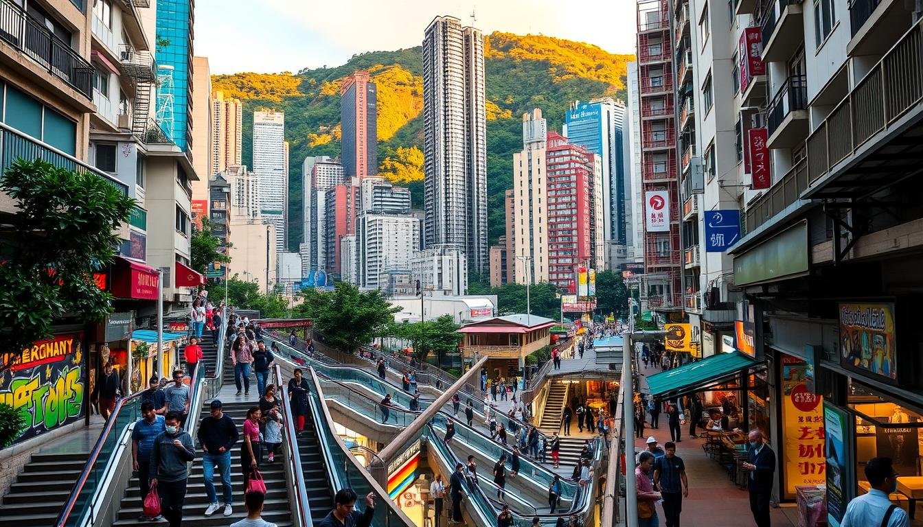 A vibrant cityscape along Hong Kong's famous Mid-Levels Escalator, capturing the bustling energy of the SOHO and Lan Kwai Fong districts. In the foreground, pedestrians navigate the winding stairways and bustling sidewalks, while colorful shops, cafes, and street art line the middle ground. In the background, towering skyscrapers and lush green hills create a stunning natural backdrop, illuminated by warm, golden-hour lighting. The scene exudes a lively, cosmopolitan atmosphere, inviting viewers to explore the unique character and charm of this iconic Hong Kong neighborhood.