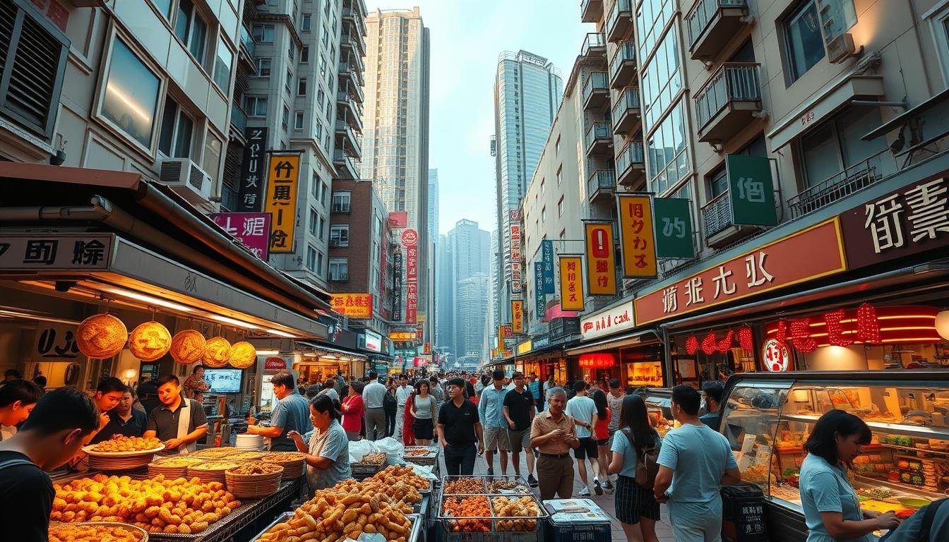 A vibrant cityscape featuring the bustling streets of Causeway Bay, Hong Kong. In the foreground, an array of local delicacies are displayed at a lively street food stall, tempting passersby with their enticing aromas. In the middle ground, pedestrians weave through the throngs, admiring the eclectic mix of shops, cafes, and eateries lining the sidewalks. In the background, the iconic Monster Building rises majestically, its striking architectural design a testament to the city's unique character. The scene is bathed in warm, golden light, creating a welcoming and inviting atmosphere that captures the essence of the neighborhood's alluring culinary and hospitality offerings.
