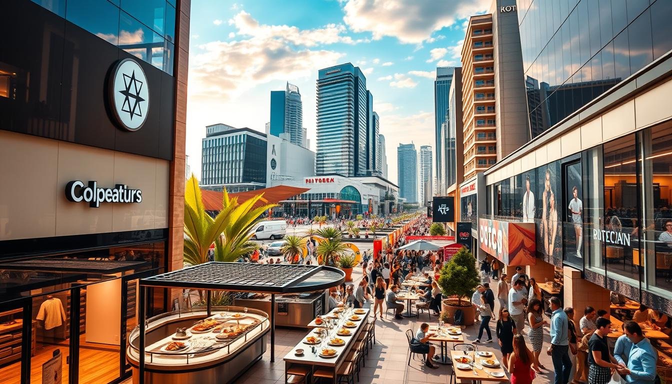 A vibrant cityscape of a bustling shopping mall, showcasing its iconic architecture and striking branding. In the foreground, a modern and stylish storefront with a prominent logo and enticing display windows. The middle ground features a diverse range of dining options, with chefs preparing mouthwatering dishes in open kitchens and inviting patrons to explore the culinary delights. The background is filled with a lively atmosphere, with crowds of shoppers and diners mingling against a backdrop of sleek, contemporary buildings and a vibrant, cloudless sky. The scene is bathed in warm, natural lighting, creating a welcoming and aspirational ambiance.