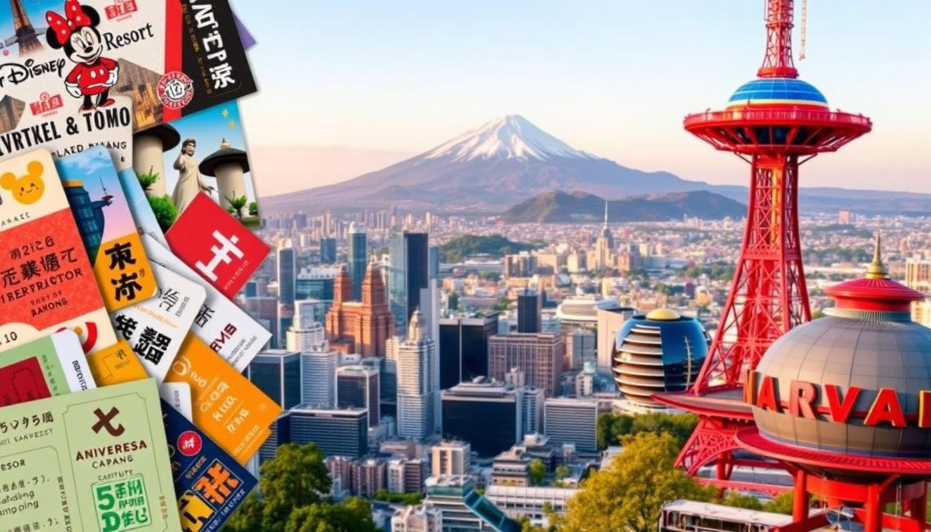 A vibrant collage showcasing various Japanese admission tickets, including the iconic Disney Resort, the towering Tokyo Tower, and the exciting Universal Studios Japan. The foreground features an array of colorful tickets and passes, meticulously detailed with intricate patterns and designs. The middle ground presents a panoramic view of a bustling Japanese cityscape, with skyscrapers and landmarks blending seamlessly. In the background, a serene landscape of Mount Fuji rises majestically, bathed in a warm, golden glow. The overall composition conveys a sense of adventure, culture, and the diverse experiences awaiting visitors to Japan, reflecting the article's focus on budgeting for a 5-day trip from Hong Kong.