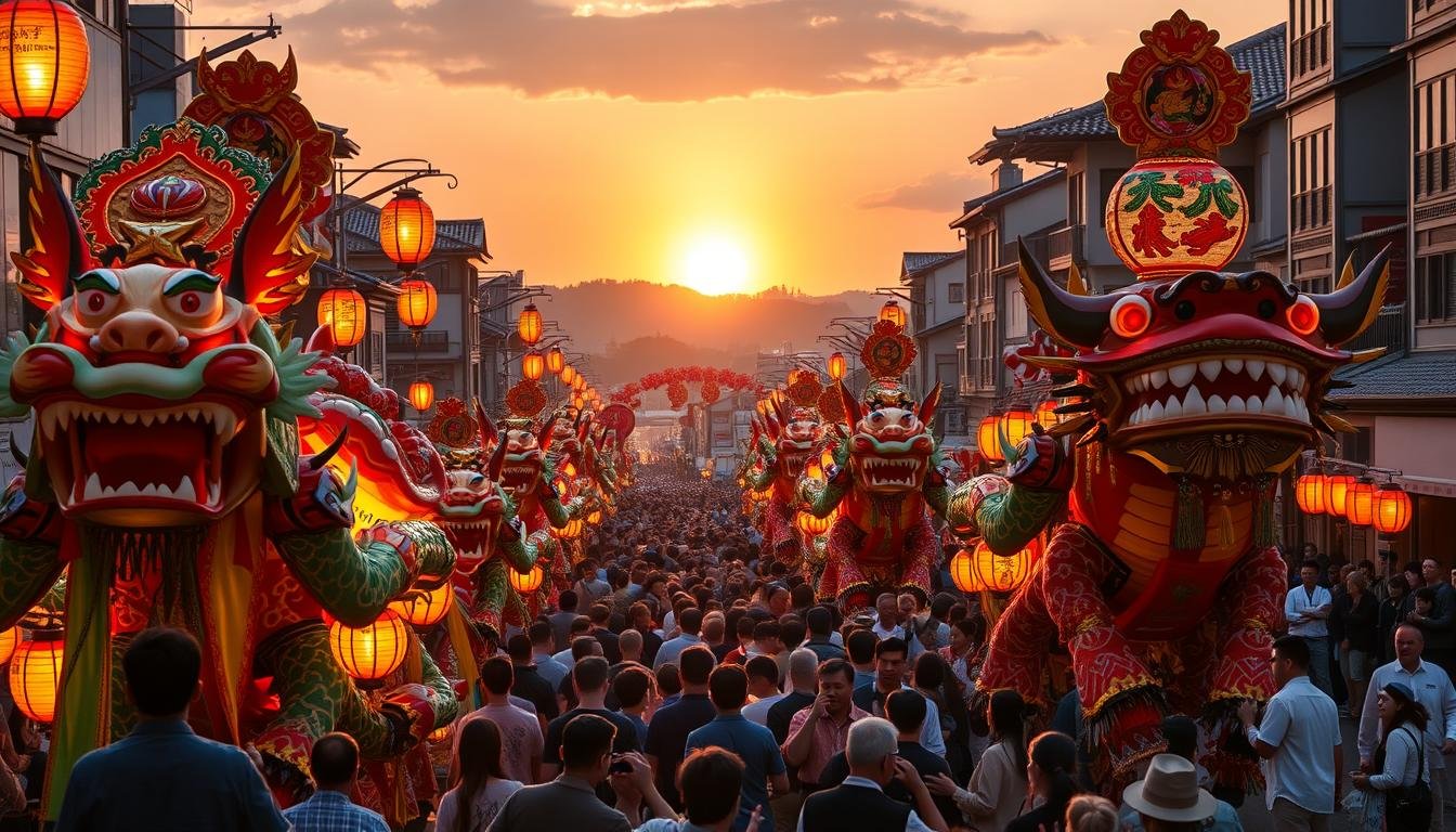 A vibrant, colorful parade weaving through the streets of Aomori, Japan during the Nebuta Festival. In the foreground, elaborately decorated floats featuring mythical creatures and traditional Japanese iconography are carried by teams of costumed performers. Intricate lanterns cast a warm, ethereal glow over the lively scene. The middle ground is filled with spectators lining the parade route, their upturned faces aglow with wonder. In the background, the silhouettes of traditional Japanese buildings and the rising sun create a sense of timeless cultural heritage. The overall atmosphere is one of joyous celebration, rich in history and steeped in the vibrant summer traditions of the Aomori region.