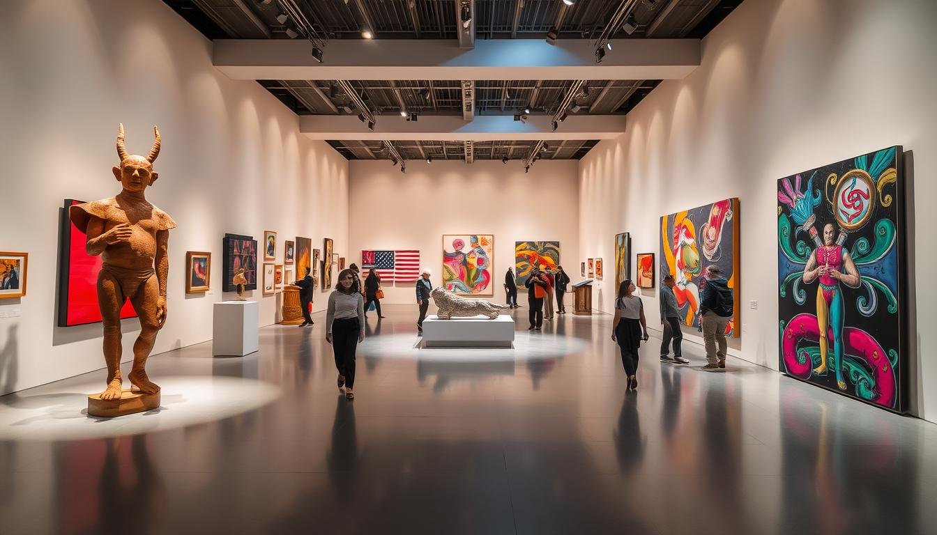 A vibrant, contemporary art exhibition at the Jockey Club Creative Arts Centre, showcasing a diverse array of avant-garde installations and thought-provoking multimedia works. The spacious, well-lit galleries feature striking architectural elements that create an immersive, almost ethereal atmosphere. Dramatic shadows and soft, diffused lighting accentuate the sculptural forms and bold, colorful canvases. Visitors wander through the exhibition, their senses engaged by the juxtaposition of traditional and modern art practices. The overall impression is one of creative energy and intellectual stimulation, inviting deeper contemplation of the themes and concepts explored by the featured artists.