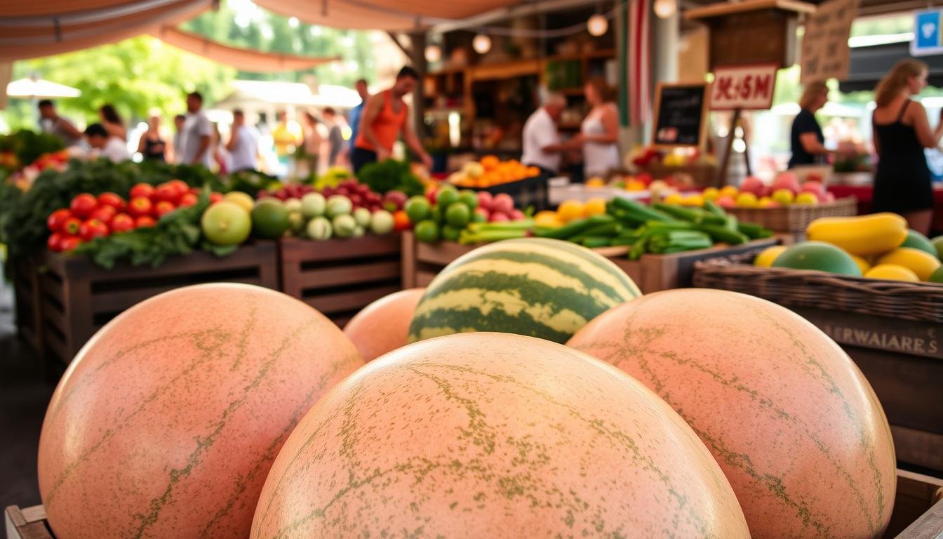 A vibrant display of local organic watermelons in a rustic outdoor market during the peak of the summer harvest season. The foreground features several large, glistening watermelons in shades of green and pink, their ripe flesh and juicy texture inviting closer inspection. The middle ground showcases various other seasonal produce, from leafy greens to colorful fruits, all neatly arranged on wooden crates and woven baskets. The background depicts the bustling energy of the local market, with shoppers and vendors interacting amidst the warm, natural lighting of a July afternoon. An atmosphere of freshness, abundance, and community permeates the scene, capturing the essence of a local organic watermelon festival. A vibrant display of local organic watermelons in a rustic outdoor market during the peak of the summer harvest season. The foreground features several large, glistening watermelons in shades of green and pink, their ripe flesh and juicy texture inviting closer inspection. The middle ground showcases various other seasonal produce, from leafy greens to colorful fruits, all neatly arranged on wooden crates and woven baskets. The background depicts the bustling energy of the local market, with shoppers and vendors interacting amidst the warm, natural lighting of a July afternoon. An atmosphere of freshness, abundance, and community permeates the scene, capturing the essence of a local organic watermelon festival.
