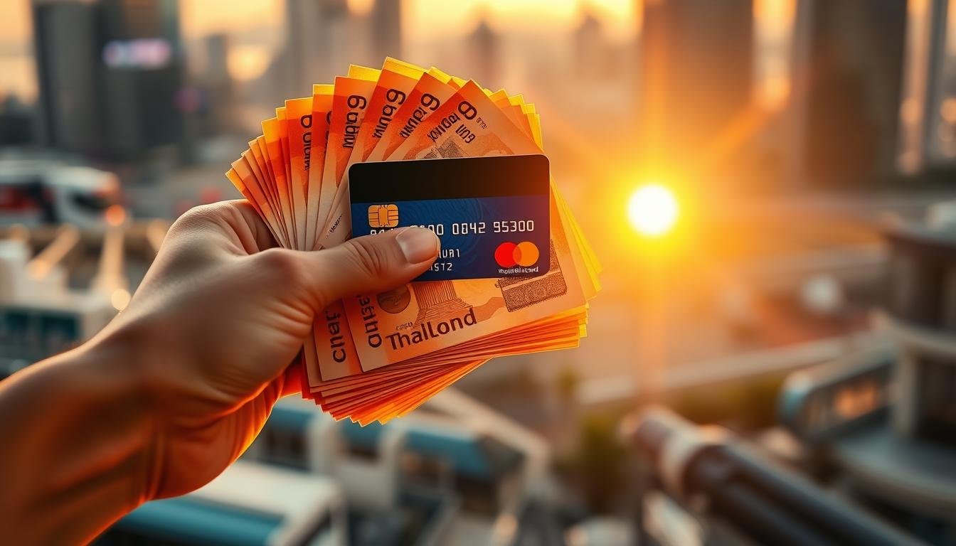 A vibrant financial scene depicting the exchange of currencies. In the foreground, a hand holds a stack of crisp Thai baht notes, casting a warm glow under soft, natural lighting. In the middle ground, a credit card is prominently displayed, symbolizing the preferred payment method. The background features a blurred cityscape, hinting at the cosmopolitan setting of a travel destination. The overall composition conveys a sense of confidence and convenience in managing one's finances while on a trip.