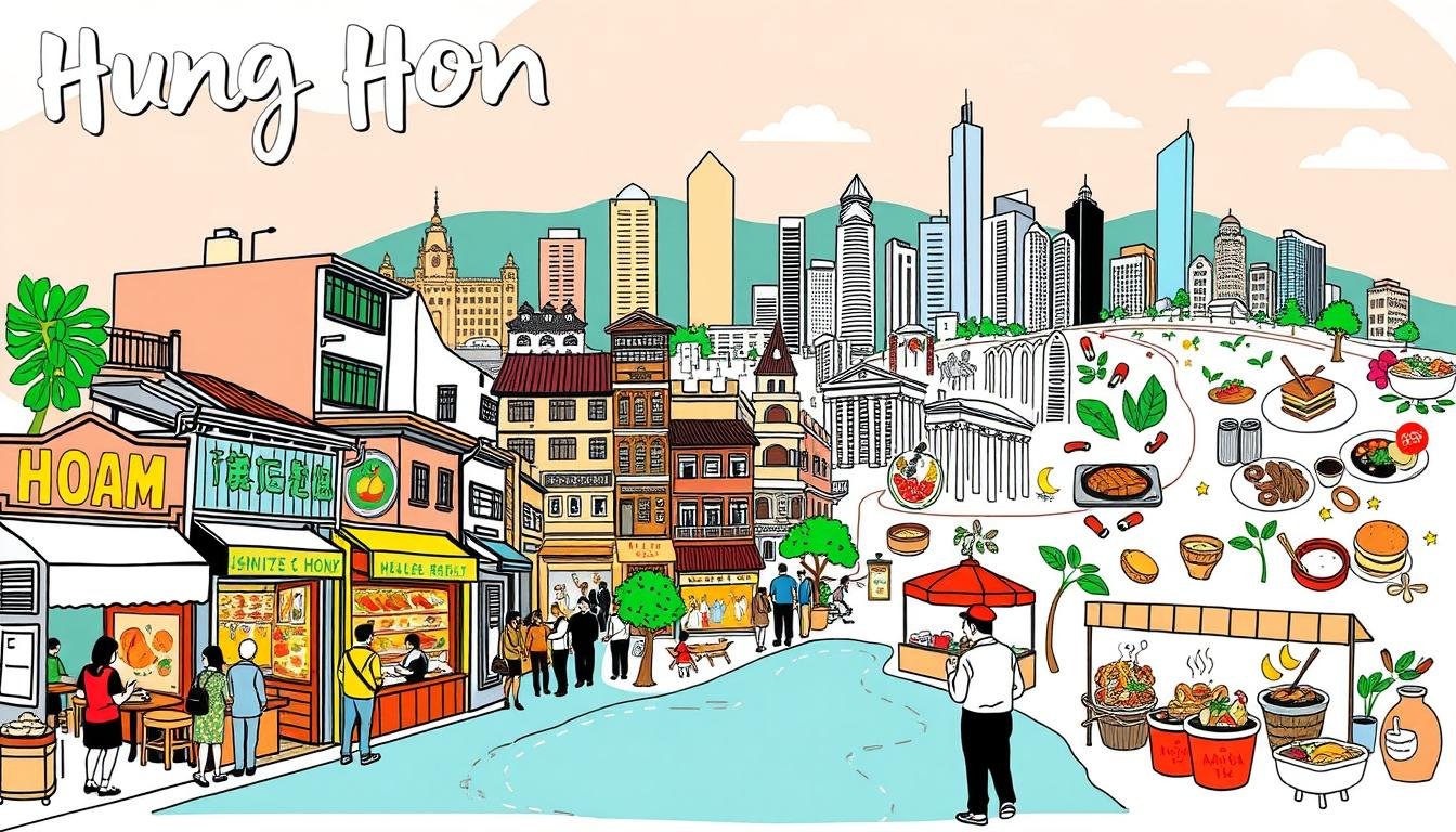 A vibrant hand-drawn map of the Hung Hom neighborhood, showcasing its diverse culinary offerings. The foreground depicts bustling street scenes, with locals and visitors exploring quaint eateries and lively food stalls. The middle ground features stylized illustrations of popular local dishes, each with a distinctive flavor profile. In the background, landmarks like historic buildings and modern high-rises create a visually striking contrast, reflecting the dynamic blend of old and new in this thriving district. The overall aesthetic is a harmonious fusion of traditional Chinese elements and a contemporary, whimsical art style, capturing the essence of Hung Hom's unique gastronomic landscape.