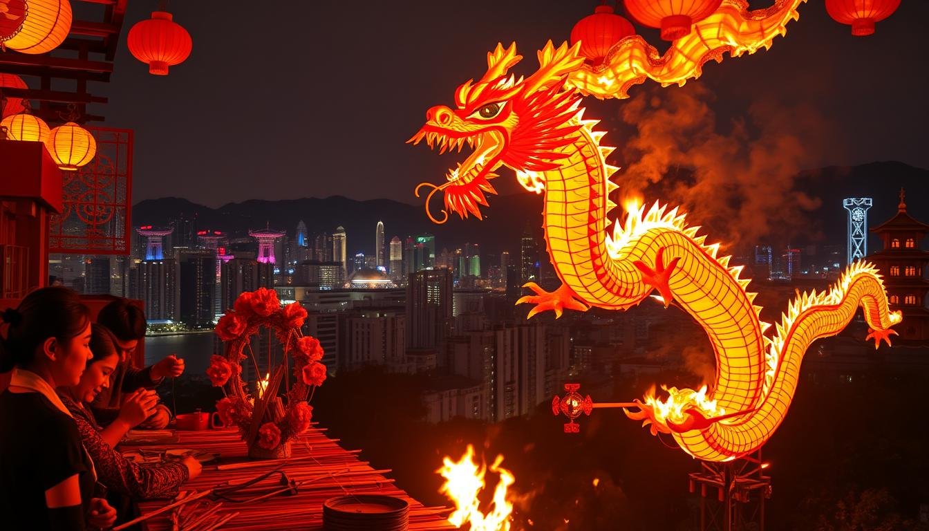 A vibrant, historical scene depicting the creation and evolution of the iconic fire dragon, a centerpiece of Hong Kong's Mid-Autumn Festival celebrations. In the foreground, skilled artisans carefully construct the intricate paper and bamboo frame, their hands deftly weaving the dragon's fiery scales. The middle ground showcases the dragon in motion, its serpentine body undulating gracefully as it 'dances' through the air, flames licking at its jaws. In the background, a panoramic view of the bustling city skyline, with silhouettes of high-rises and pagodas setting the stage for this captivating tradition. Warm, golden lighting casts a festive glow, evoking the celebratory atmosphere of the Mid-Autumn Festival. An image that captures the rich history, craftsmanship, and cultural significance of the fire dragon, a symbol of Hong Kong's vibrant heritage.
