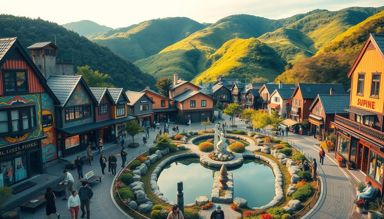 A vibrant, immersive scene of the Yufuin Art Village, nestled amidst the lush, rolling hills of Oita prefecture, Japan. The foreground features a cluster of colorful, whimsical buildings, their facades adorned with intricate murals and large, expressive windows. Visitors explore the winding pathways, admiring the diverse array of art galleries, specialty shops, and interactive installations. In the middle ground, a serene, reflective pond mirrors the surrounding natural beauty, with carefully manicured gardens and sculptural elements. The background is framed by the verdant, undulating mountains, creating a sense of peaceful seclusion and harmony between art and nature. Warm, diffused lighting casts a soft, inviting glow over the entire scene, evoking a tranquil, dreamlike atmosphere.