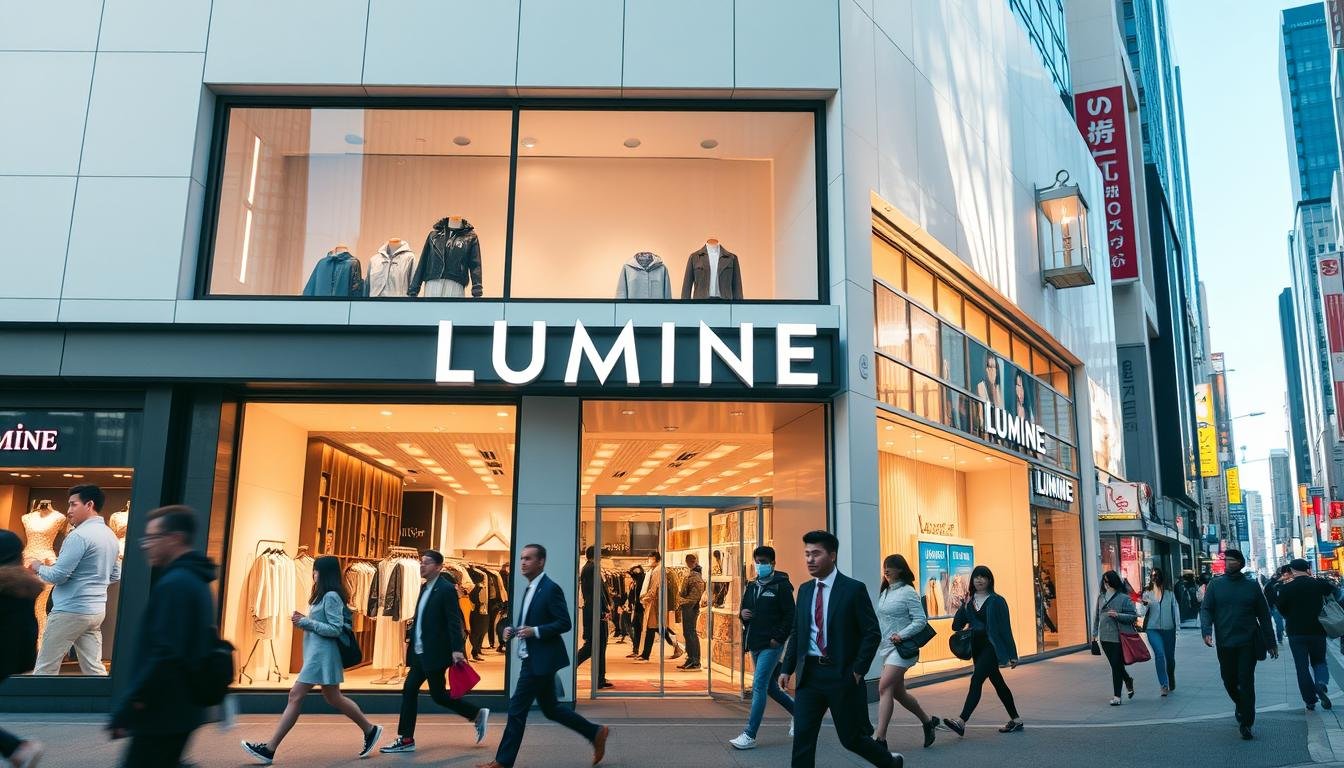 A vibrant, modern storefront of LUMINE, a renowned fashion and lifestyle hub in the heart of Shinjuku, Tokyo. The facade features sleek, minimalist architecture with clean lines and large glass windows showcasing the latest fashion and lifestyle trends. The scene is bathed in warm, natural lighting, creating a welcoming, youthful atmosphere. In the foreground, well-dressed pedestrians stroll along the bustling street, reflecting the trendsetting, fashionable vibe of the LUMINE complex. The middle ground captures the distinct architectural elements and signage of the LUMINE brand, while the background depicts the iconic skyscrapers and urban landscape of the vibrant Shinjuku district.
