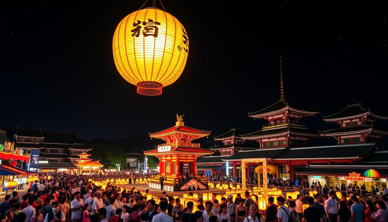 A vibrant nightscape of the Chichibu Yomatsuri (秩父夜祭), a famous autumn festival in Saitama, Japan. The foreground is alive with a sea of colorful festival lanterns, illuminating the crowds of celebrants in traditional garb as they dance and parade through the streets. In the middle ground, an ornate float bearing a massive paper lantern towers above the revelry, casting a warm glow across the scene. In the background, the silhouettes of ancient temples and shrines loom, their roofs etched against a velvety night sky dotted with stars. The atmosphere is one of joyous revelry, ancient tradition, and the unique blend of modern and historical Japan.