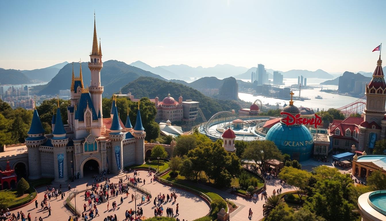 A vibrant, panoramic scene of Hong Kong's beloved theme parks, "樂園攻略". In the foreground, the iconic Cinderella Castle of Hong Kong Disneyland stands tall, its turrets gleaming in the sun. Guests can be seen milling about, enjoying the rides and attractions. In the middle ground, the stunning architecture of Ocean Park comes into view, with its thrilling roller coasters and aquarium displays. The background showcases the lush, mountainous terrain of Hong Kong, with glimpses of the glittering harbor. The image is bathed in a warm, golden light, conveying the sense of adventure and wonder that these world-class theme parks inspire. Captured with a wide-angle lens, the scene depicts the unparalleled delights that await visitors to these must-see Hong Kong destinations.