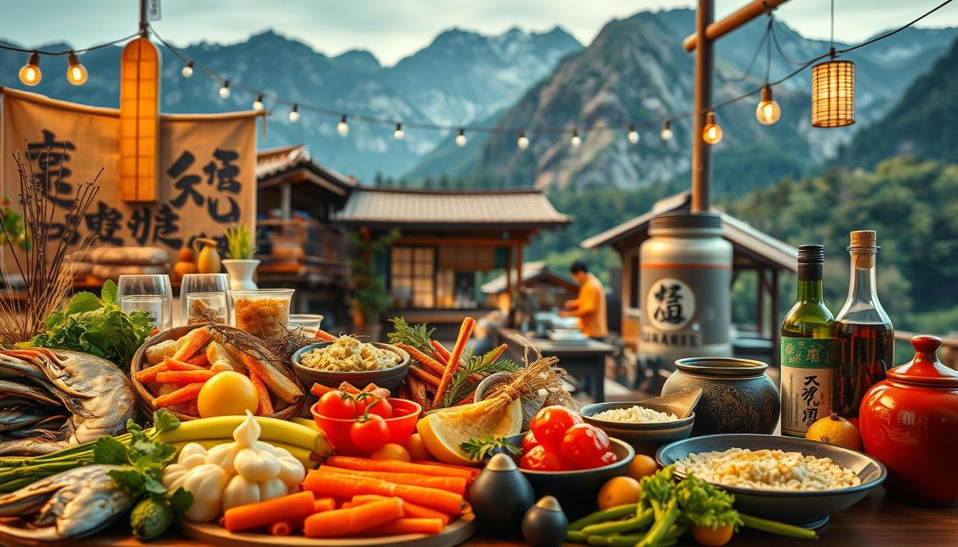 A vibrant scene depicting the culinary treasures of Northeast China. In the foreground, an artful display of local delicacies - fresh seafood, farm-grown produce, and traditional fermented condiments. The middle ground showcases the cozy interiors of a family-run sake brewery, where skilled artisans tend to the ancient craft of rice wine making. In the background, the rugged mountains and lush forests of the Northeastern landscape provide a breathtaking natural backdrop, hinting at the region's bountiful resources. Warm, golden lighting illuminates the scene, creating an inviting atmosphere that captures the essence of Northeast China's renowned food and drink culture. A vibrant scene depicting the culinary treasures of Northeast China. In the foreground, an artful display of local delicacies - fresh seafood, farm-grown produce, and traditional fermented condiments. The middle ground showcases the cozy interiors of a family-run sake brewery, where skilled artisans tend to the ancient craft of rice wine making. In the background, the rugged mountains and lush forests of the Northeastern landscape provide a breathtaking natural backdrop, hinting at the region's bountiful resources. Warm, golden lighting illuminates the scene, creating an inviting atmosphere that captures the essence of Northeast China's renowned food and drink culture.