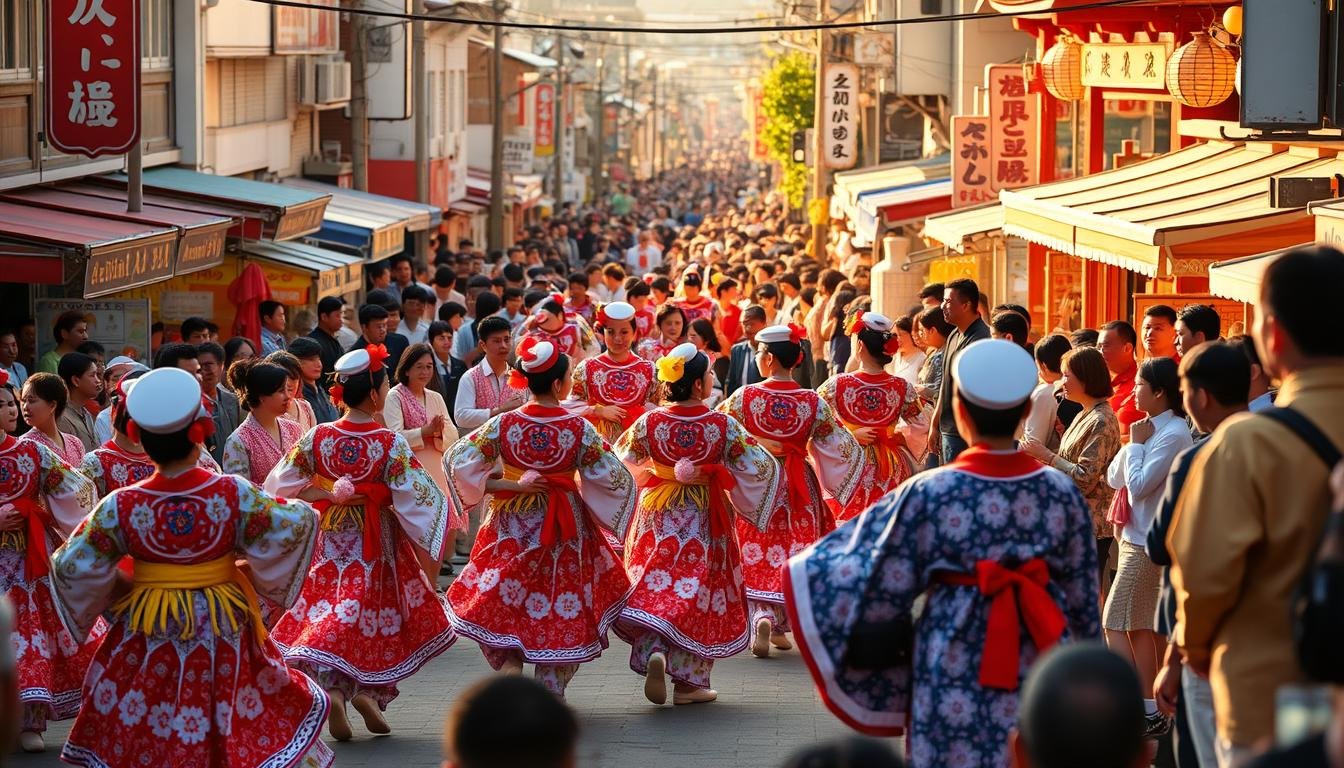 A vibrant scene of the Awa Odori Festival in Tokushima, Japan. In the foreground, a troupe of colorfully costumed dancers perform traditional Japanese folk dances, their movements fluid and energetic. In the middle ground, spectators line the streets, captivated by the lively performance. The background is filled with the bustling energy of the festival, with vendors selling local delicacies and people strolling through the lively streets. The scene is bathed in warm, golden light, creating a sense of festive atmosphere. The overall composition captures the essence of this cultural celebration, immersing the viewer in the vibrant, time-honored traditions of the Awa Odori Festival.