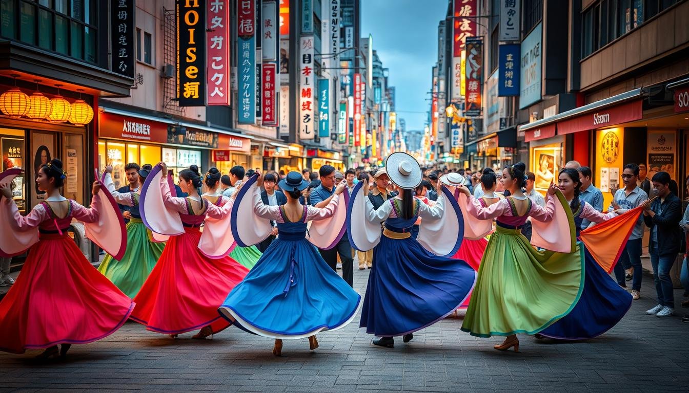 A vibrant street scene in Seoul's Hongdae district, showcasing a dynamic outdoor performance. In the foreground, a troupe of traditional Korean dancers clad in colorful hanboks move in graceful unison, their flowing sleeves and fans creating a mesmerizing visual spectacle. The middle ground features a group of talented musicians playing traditional instruments like the gayageum and janggu, their music filling the air with a captivating, rhythmic energy. In the background, the bustling streets of Hongdae are visible, with passersby pausing to take in the energetic artistic display. The scene is illuminated by warm, golden lighting, creating a festive, vibrant atmosphere that captures the essence of Seoul's thriving arts and performance culture. A vibrant street scene in Seoul's Hongdae district, showcasing a dynamic outdoor performance. In the foreground, a troupe of traditional Korean dancers clad in colorful hanboks move in graceful unison, their flowing sleeves and fans creating a mesmerizing visual spectacle. The middle ground features a group of talented musicians playing traditional instruments like the gayageum and janggu, their music filling the air with a captivating, rhythmic energy. In the background, the bustling streets of Hongdae are visible, with passersby pausing to take in the energetic artistic display. The scene is illuminated by warm, golden lighting, creating a festive, vibrant atmosphere that captures the essence of Seoul's thriving arts and performance culture.