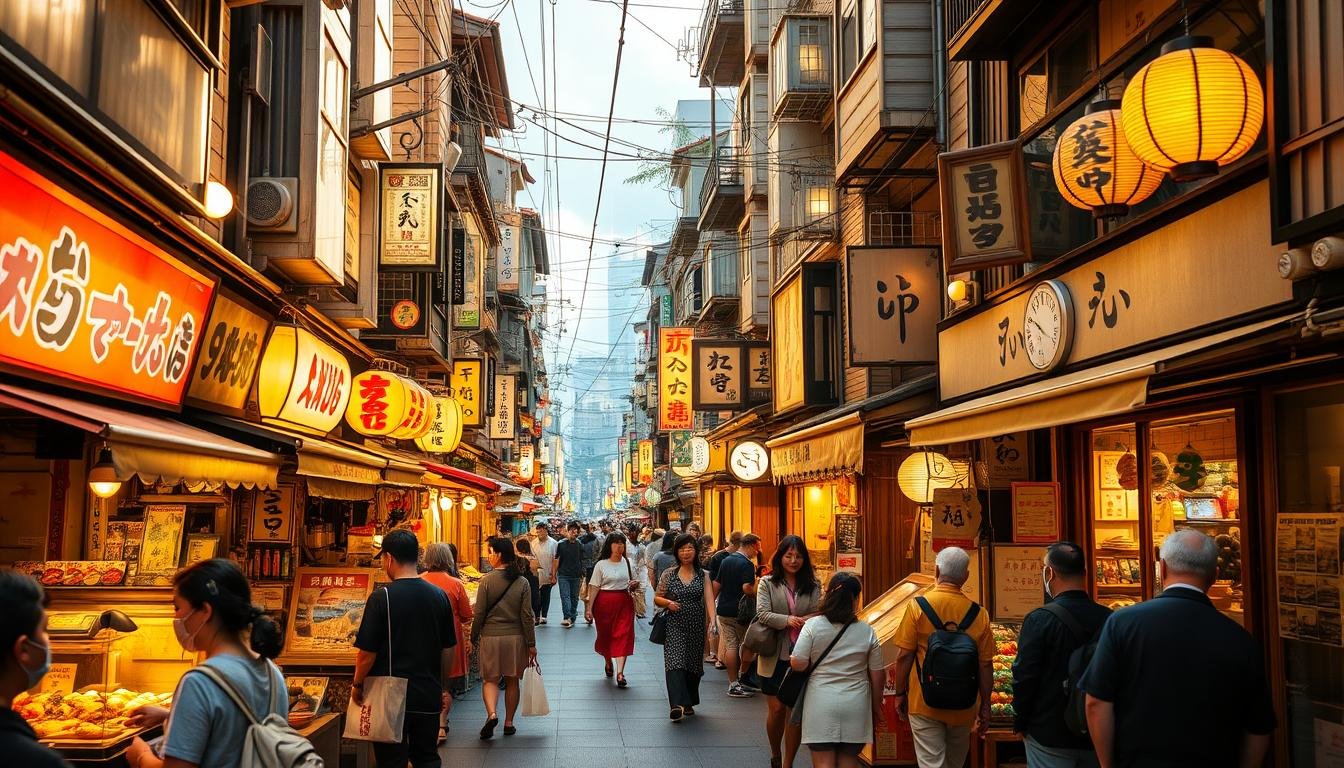 A vibrant street scene in Tofuku-yokocho, a bustling food alley in Ise, Japan. A diverse array of traditional Japanese eateries and shops line the narrow, charming lanes, bathed in warm, golden light. Artisanal food stalls offer tantalizing regional specialties, from sizzling takoyaki to freshly grilled yakisoba noodles. Locals and visitors mingle, creating a lively, immersive atmosphere. Quaint lanterns and decorative facades add to the historic, atmospheric ambiance. A perfect blend of culinary delights and cultural immersion, showcasing the essence of this iconic Ise dining destination.