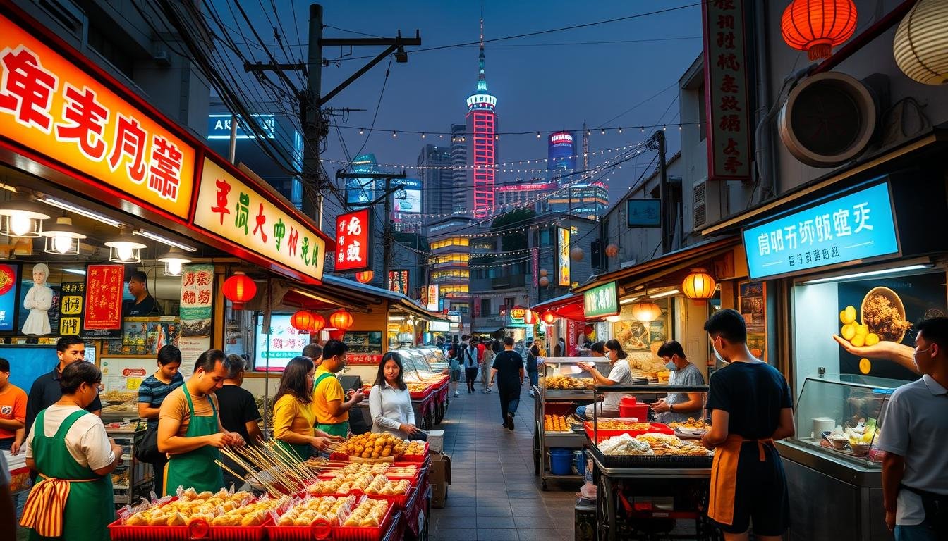 A vibrant street scene in a bustling Asian city, showcasing an array of traditional local snacks and delicacies. In the foreground, a lively night market stall offers an enticing display of steaming dumplings, sizzling skewers, and fragrant rice dishes. Vendors in colorful aprons tend to their wares, as customers browse the tantalizing selection. The middle ground features a mix of food carts, neon-lit signage, and small eateries, capturing the energy and authentic flavors of the local culinary culture. In the background, the cityscape is illuminated by the warm glow of lanterns and twinkling lights, creating a cozy and inviting atmosphere. The overall scene is a captivating celebration of the vibrant, mouthwatering world of "在地小吃".