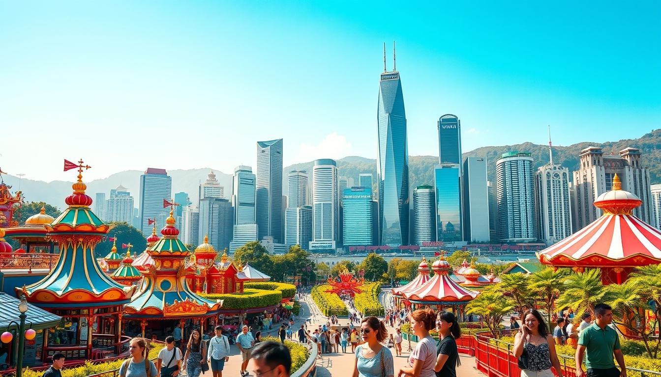 A vibrant, sun-drenched image of "香 主題樂園" set against the backdrop of Hong Kong's iconic skyline. In the foreground, visitors explore a colorful and whimsical theme park, with towering rides, vibrant pavilions, and lush landscaping. The middle ground features families and friends enjoying the various attractions, their expressions filled with wonder and delight. In the background, the gleaming skyscrapers of Hong Kong's financial district rise up, creating a striking contrast between the modern city and the fantastical world of the theme park. The scene is bathed in warm, golden light, creating a sense of joy and adventure. The image conveys the perfect balance of urban exploration and amusement park thrills that characterize the "香 主題樂園" experience.