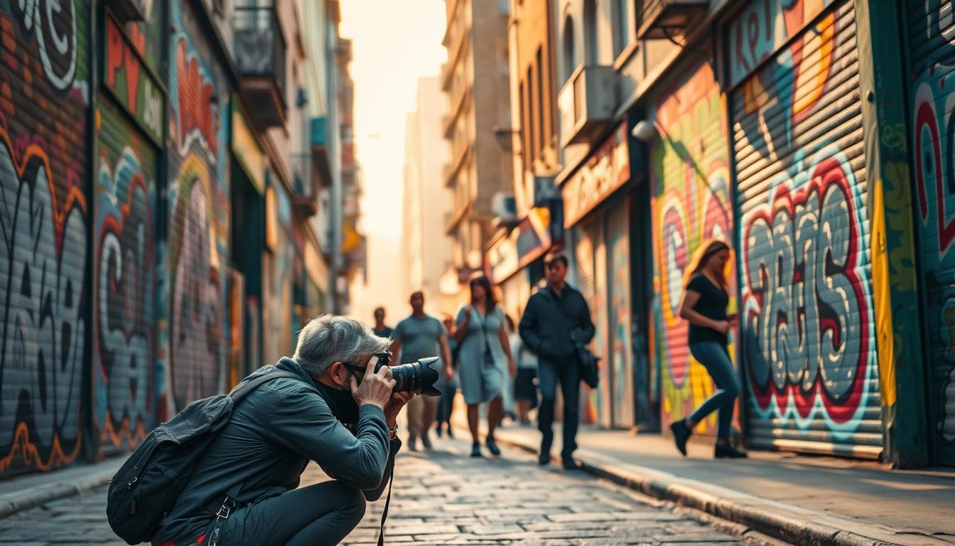 A vibrant urban scene, with a bustling street lined with colorful murals and graffiti. In the foreground, a photographer crouches, carefully framing the shot, using a wide-angle lens to capture the full breadth of the artwork. The middle ground features passersby, some stopping to admire the murals, others hurrying by. The background is hazy, with the warm glow of natural light filtering through the buildings, creating a sense of depth and atmosphere. The overall mood is one of exploration and appreciation, encouraging the viewer to slow down and savor the rich visual tapestry of the street art.