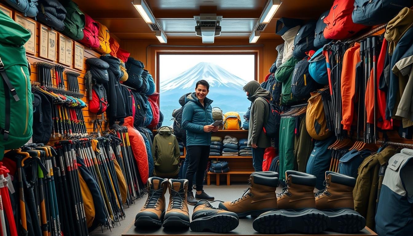 A vibrant, well-stocked rental shop nestled at the base of Mount Fuji, showcasing an array of high-quality mountaineering gear. Rows of backpacks, trekking poles, and thermal clothing are neatly organized, inviting hikers to find the perfect fit for their adventure. Soft, diffused lighting illuminates the space, creating a welcoming atmosphere. In the foreground, a friendly staff member assists a customer, guiding them through the selection process. The middle ground features a display of sturdy boots, their treads designed for the rugged terrain. In the background, a large window offers a breathtaking view of the iconic mountain, hinting at the journey that awaits. A vibrant, well-stocked rental shop nestled at the base of Mount Fuji, showcasing an array of high-quality mountaineering gear. Rows of backpacks, trekking poles, and thermal clothing are neatly organized, inviting hikers to find the perfect fit for their adventure. Soft, diffused lighting illuminates the space, creating a welcoming atmosphere. In the foreground, a friendly staff member assists a customer, guiding them through the selection process. The middle ground features a display of sturdy boots, their treads designed for the rugged terrain. In the background, a large window offers a breathtaking view of the iconic mountain, hinting at the journey that awaits.