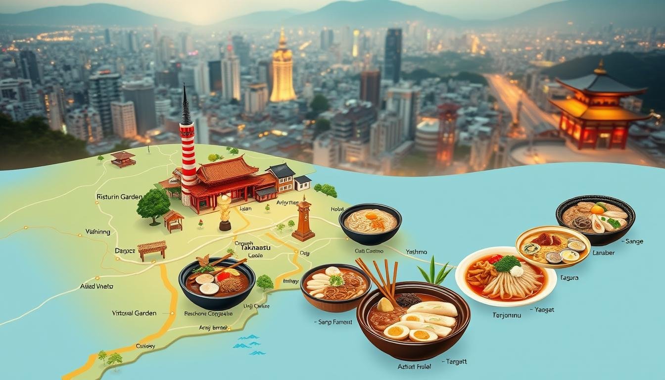 A visually striking map showcasing the most popular udon restaurants in Takamatsu, Japan. The foreground features a detailed topographical map highlighting key landmarks like Ritsurin Garden, Yashima, and Anji Temple. The middle ground showcases vibrant food illustrations of signature udon dishes, each with a distinct style and flavor profile. In the background, a soft, atmospheric cityscape frames the scene, with warm lighting casting a cozy, inviting glow. The overall composition evokes the rich culinary heritage and picturesque settings that define Takamatsu's renowned udon culture.