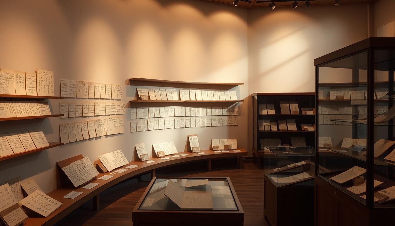 A well-lit exhibition room displaying an array of historical letters and documents from the Bakumatsu period. The antique artifacts are arranged on wooden shelves and glass display cases, casting soft shadows on the beige walls. The letters appear to be handwritten with elegant calligraphy, offering a glimpse into the lives and correspondence of key figures from the late Edo era. Warm lighting illuminates the delicate paper, creating a contemplative and reverential atmosphere for visitors to immerse themselves in the rich cultural heritage. The composition emphasizes the tactile nature of the documents, inviting the viewer to imagine the personal stories and historical narratives they contain. A well-lit exhibition room displaying an array of historical letters and documents from the Bakumatsu period. The antique artifacts are arranged on wooden shelves and glass display cases, casting soft shadows on the beige walls. The letters appear to be handwritten with elegant calligraphy, offering a glimpse into the lives and correspondence of key figures from the late Edo era. Warm lighting illuminates the delicate paper, creating a contemplative and reverential atmosphere for visitors to immerse themselves in the rich cultural heritage. The composition emphasizes the tactile nature of the documents, inviting the viewer to imagine the personal stories and historical narratives they contain.
