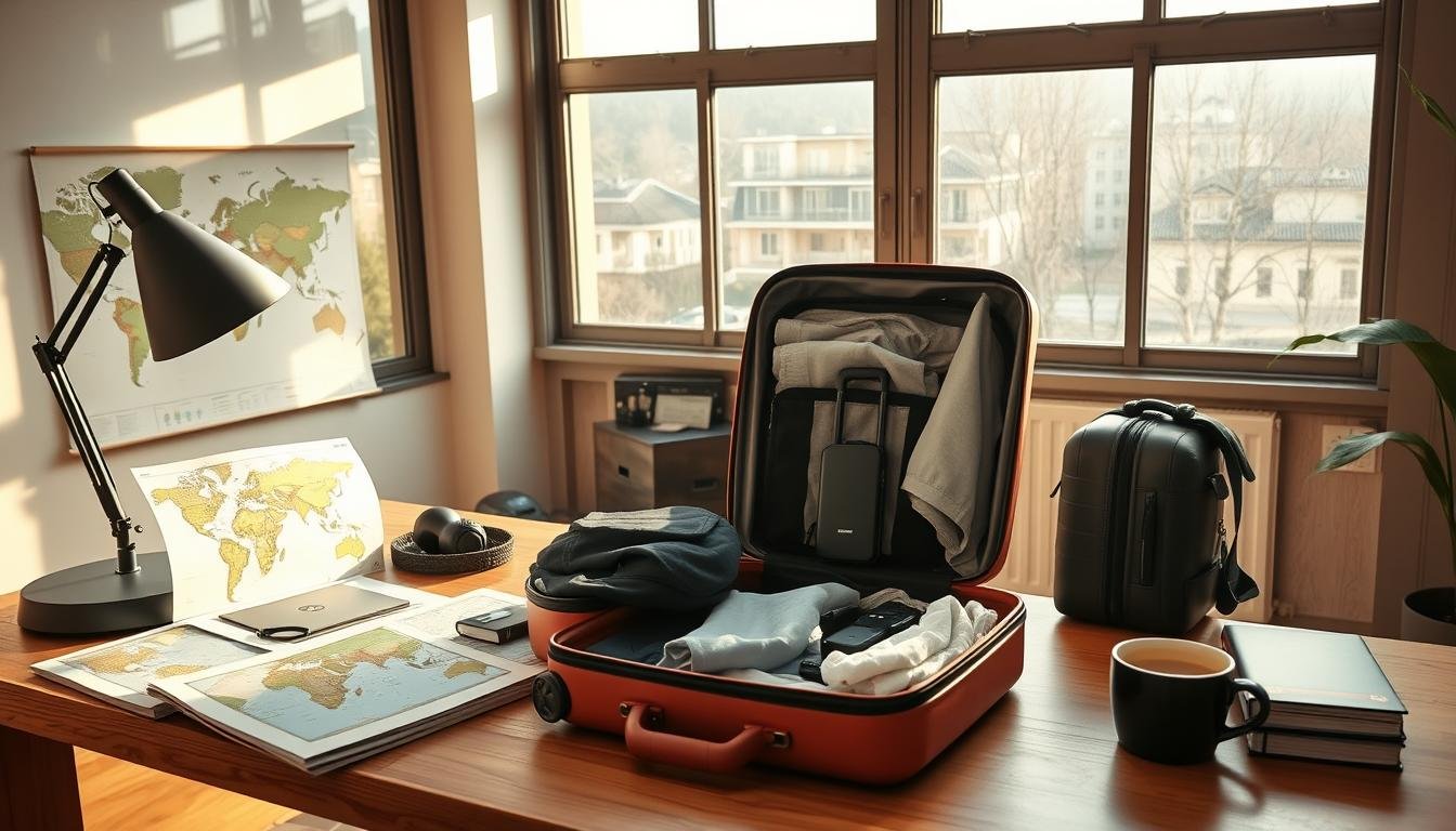 A well-organized home office setup with an open suitcase on the desk, neatly packed with clothing, electronics, and travel essentials. Warm, natural lighting filters through large windows, casting a cozy glow over the scene. A world map, guidebooks, and a cup of coffee complete the travel preparation atmosphere. The layout is clean and minimalist, with a sense of anticipation and organization, reflecting the "出發前的準備" theme. A well-organized home office setup with an open suitcase on the desk, neatly packed with clothing, electronics, and travel essentials. Warm, natural lighting filters through large windows, casting a cozy glow over the scene. A world map, guidebooks, and a cup of coffee complete the travel preparation atmosphere. The layout is clean and minimalist, with a sense of anticipation and organization, reflecting the "出發前的準備" theme.