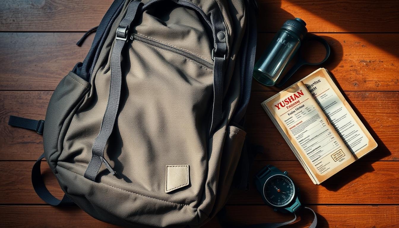 A well-worn backpack rests on a wooden surface, its fabric slightly faded from years of outdoor adventures. Straps and zippers are carefully inspected, ready for the next hike up Yushan, Taiwan's tallest mountain. Nearby, a collection of hiking gear - a compass, a water bottle, and a weathered guidebook - are arranged with care, each item essential for the journey ahead. Soft, natural lighting casts a warm glow, evoking a sense of preparation and anticipation. The overall scene conveys a balance of rugged functionality and mindful attention to detail, befitting the demands of a Yushan ascent. A well-worn backpack rests on a wooden surface, its fabric slightly faded from years of outdoor adventures. Straps and zippers are carefully inspected, ready for the next hike up Yushan, Taiwan's tallest mountain. Nearby, a collection of hiking gear - a compass, a water bottle, and a weathered guidebook - are arranged with care, each item essential for the journey ahead. Soft, natural lighting casts a warm glow, evoking a sense of preparation and anticipation. The overall scene conveys a balance of rugged functionality and mindful attention to detail, befitting the demands of a Yushan ascent.