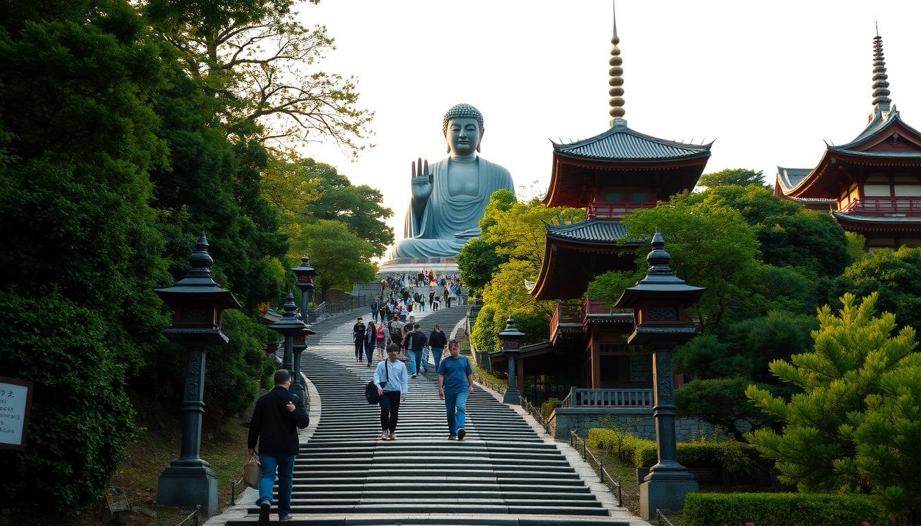 A winding path ascends through a serene Japanese landscape, leading to the towering figure of the Great Buddha of Kamakura. Lush greenery and ornate temple architecture frame the iconic bronze statue, bathed in warm, diffused sunlight. Visitors stroll along the path, taking in the peaceful atmosphere and contemplating the Buddha's profound presence. Stone lanterns and ornamental details add to the sense of reverence, inviting the viewer to immerse themselves in the rich cultural and historical significance of this revered site. Elegant pagodas and temple roofs punctuate the background, hinting at the broader Zen Buddhist context. The image conveys a sense of tranquility, contemplation, and a deep connection to Japan's spiritual heritage.