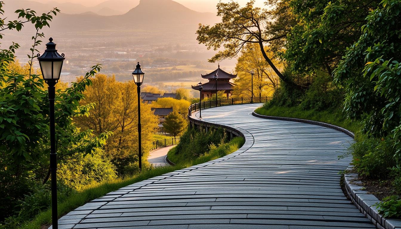 A winding uphill path winds through a lush, verdant landscape, dotted with vibrant foliage and bathed in warm, golden sunlight. The smooth, gray paving stones of the path lead the viewer's eye upwards, drawing them into the scene. Ornate street lamps line the sides of the path, casting a soft, ambient glow that adds to the tranquil atmosphere. In the distance, the towering silhouettes of traditional Chinese buildings and structures can be seen, hinting at the historic urban landscape beyond. The overall scene conveys a sense of serene exploration, inviting the viewer to embark on a leisurely journey through this picturesque, uphill passage.