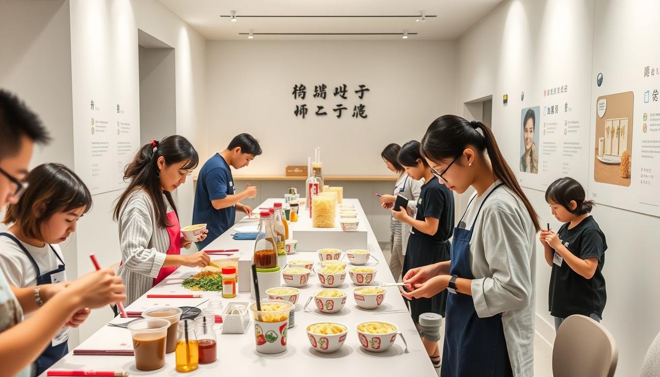 A workshop setting showcasing the step-by-step process and immersive experience of creating customized cup noodles at the Hap Miu Dou Cup Noodle Museum. In the foreground, participants engage in hands-on activities, carefully selecting and arranging ingredients to craft their personalized cup noodle masterpieces. The middle ground features a well-organized station with various tools, condiments, and noodle options, allowing for creative expression. The background depicts the museum's modern, minimalist aesthetic, with clean lines and a bright, airy atmosphere, inviting visitors to fully immerse themselves in the cup noodle-making journey. Soft, diffused lighting enhances the collaborative and educational mood, capturing the essence of this unique DIY experience.