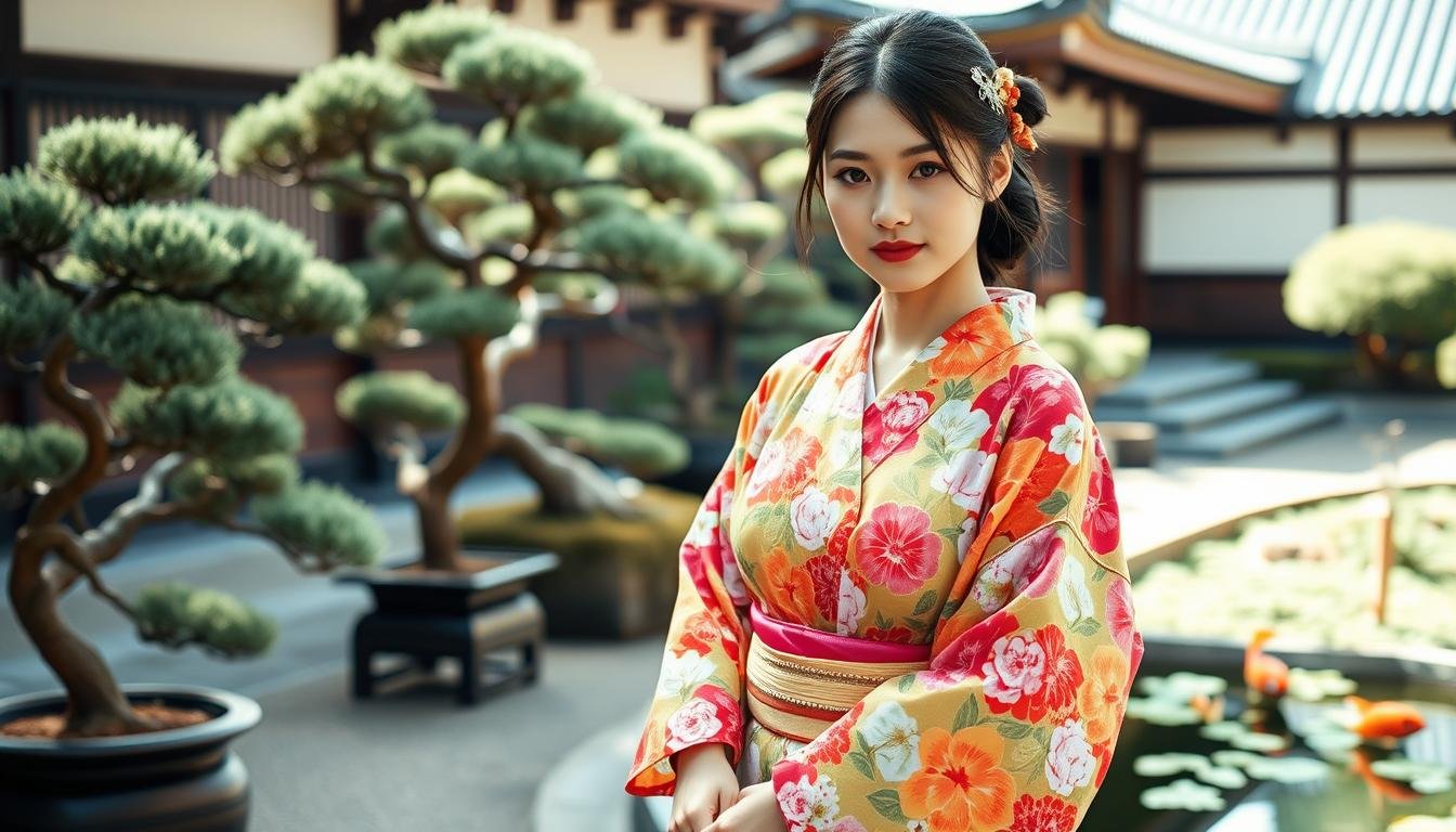 A young woman stands gracefully in a vibrant, floral-patterned yukata, her hair gently styled and adorned with delicate hair accessories. The soft, natural lighting illuminates her serene expression as she poses against the backdrop of a traditional Japanese garden, with carefully pruned bonsai trees and a tranquil koi pond. The yukata's lightweight, breathable fabric moves elegantly in a light breeze, capturing the essence of a refreshing summer day in Kyoto. The scene exudes a sense of timeless elegance and cultural harmony, seamlessly blending traditional and modern elements.
