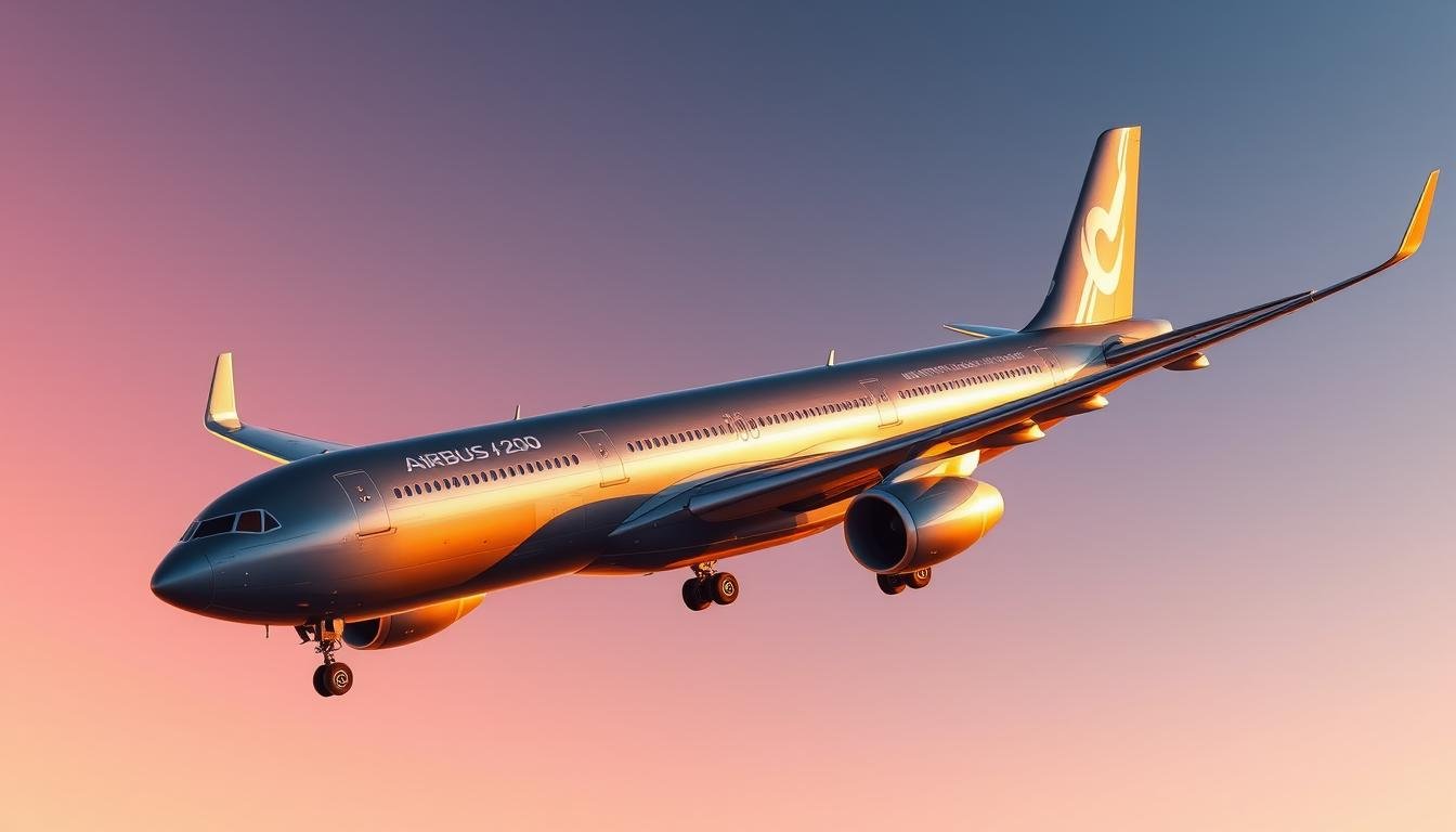 Airbus A330-200 aircraft in a detailed, photorealistic rendering. The plane is shown in mid-flight, with its wings fully extended and engines powerfully propelling it forward. The fuselage is painted in a sleek, metallic gray livery, accented by the Airbus logo and other identifying markings. The cockpit windows are clearly visible, and the landing gear is retracted, giving the aircraft a streamlined, aerodynamic silhouette. The scene is bathed in warm, golden-hour lighting, creating a sense of drama and grandeur. The background is a vibrant, cloudless sky, allowing the aircraft to stand out in sharp focus. The perspective is slightly elevated, providing an angled, three-quarter view that showcases the plane's elegant curves and imposing size.
