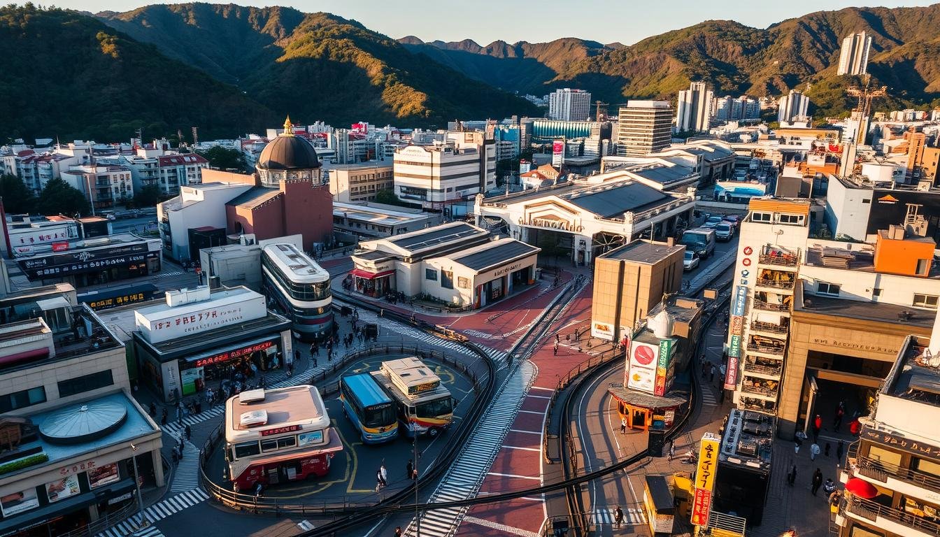 An aerial view of the bustling Sannomiya district in Kobe, Japan, showcasing the intricate web of pedestrian walkways, bustling eateries, and transportation hubs. The scene is bathed in a warm, golden-hour glow, casting long shadows that accentuate the architectural details of the surrounding buildings. In the foreground, a network of pathways and alleyways wind through the district, leading visitors to an array of renowned Kobe beef restaurants and local food stalls. The middle ground features the iconic Sannomiya Station, a major transportation hub, with commuters and shoppers navigating the concourses. In the background, the steep hills and lush greenery of the Rokko mountain range provide a scenic backdrop, hinting at the larger context of Kobe's urban landscape.